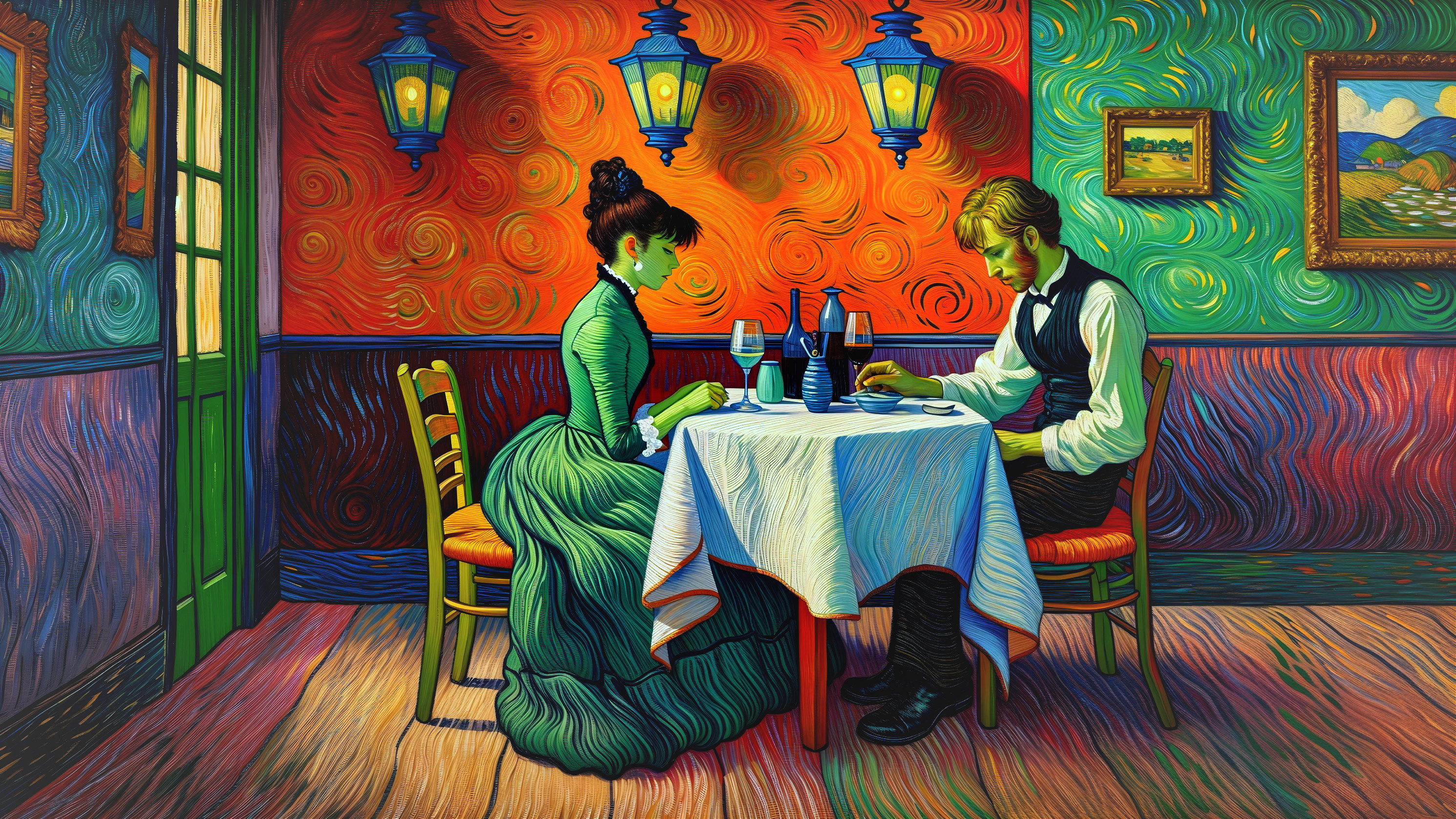 Couple Dining in Vibrant Painterly Style Setting