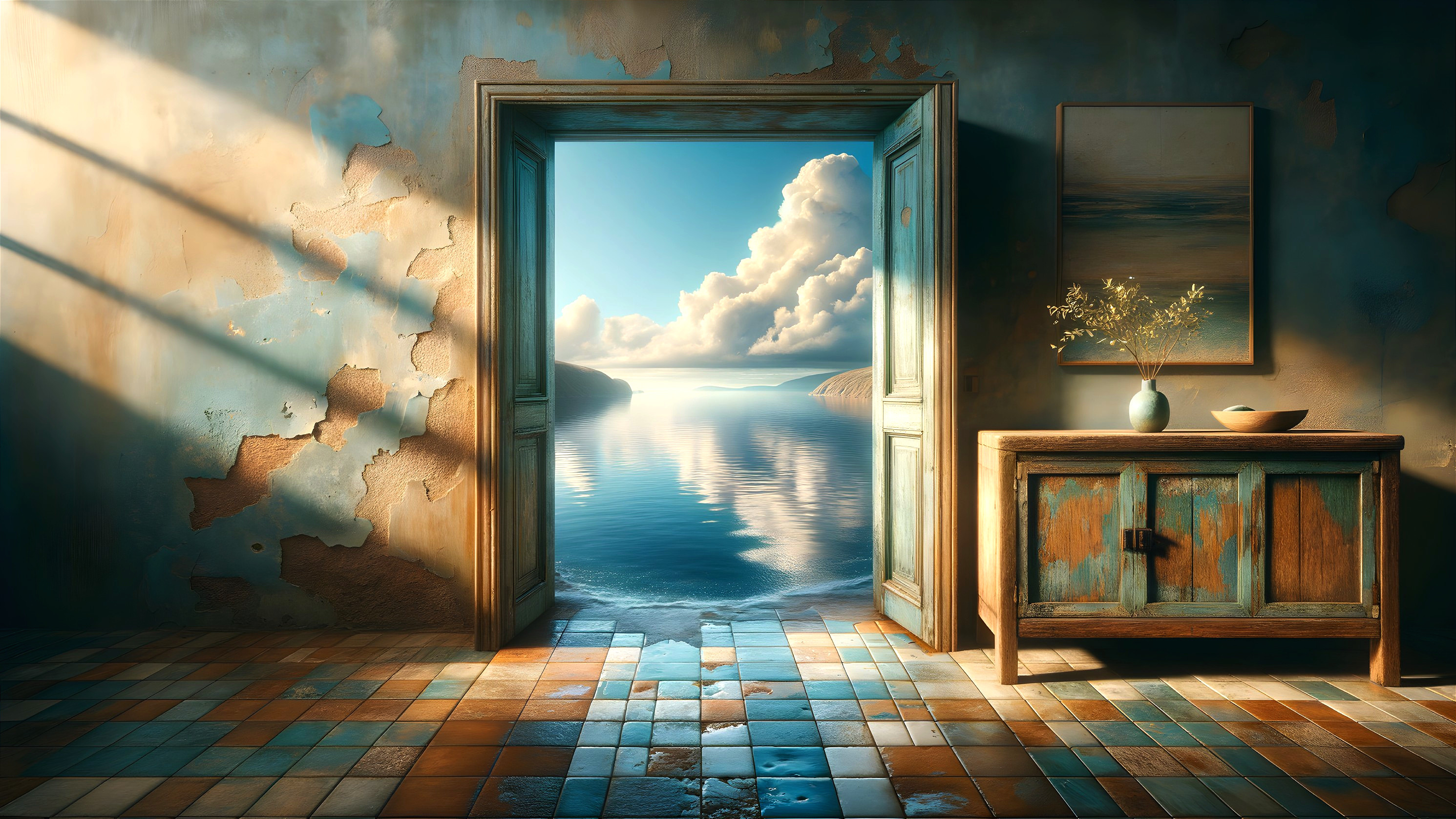 Serene Interior with Open Door to Tranquil Waterscape