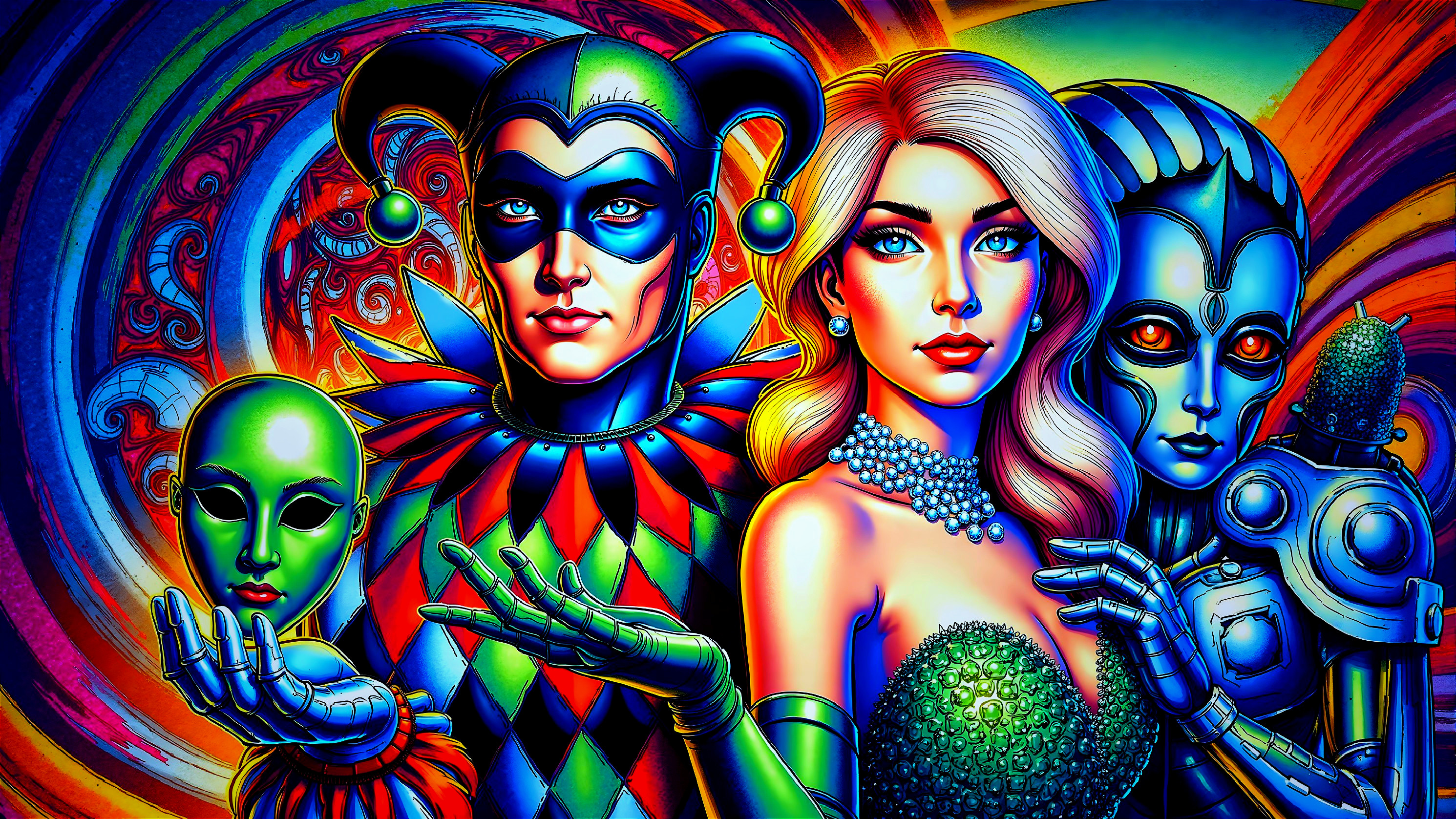 Surreal Illustration of Four Figures in Vibrant Costumes