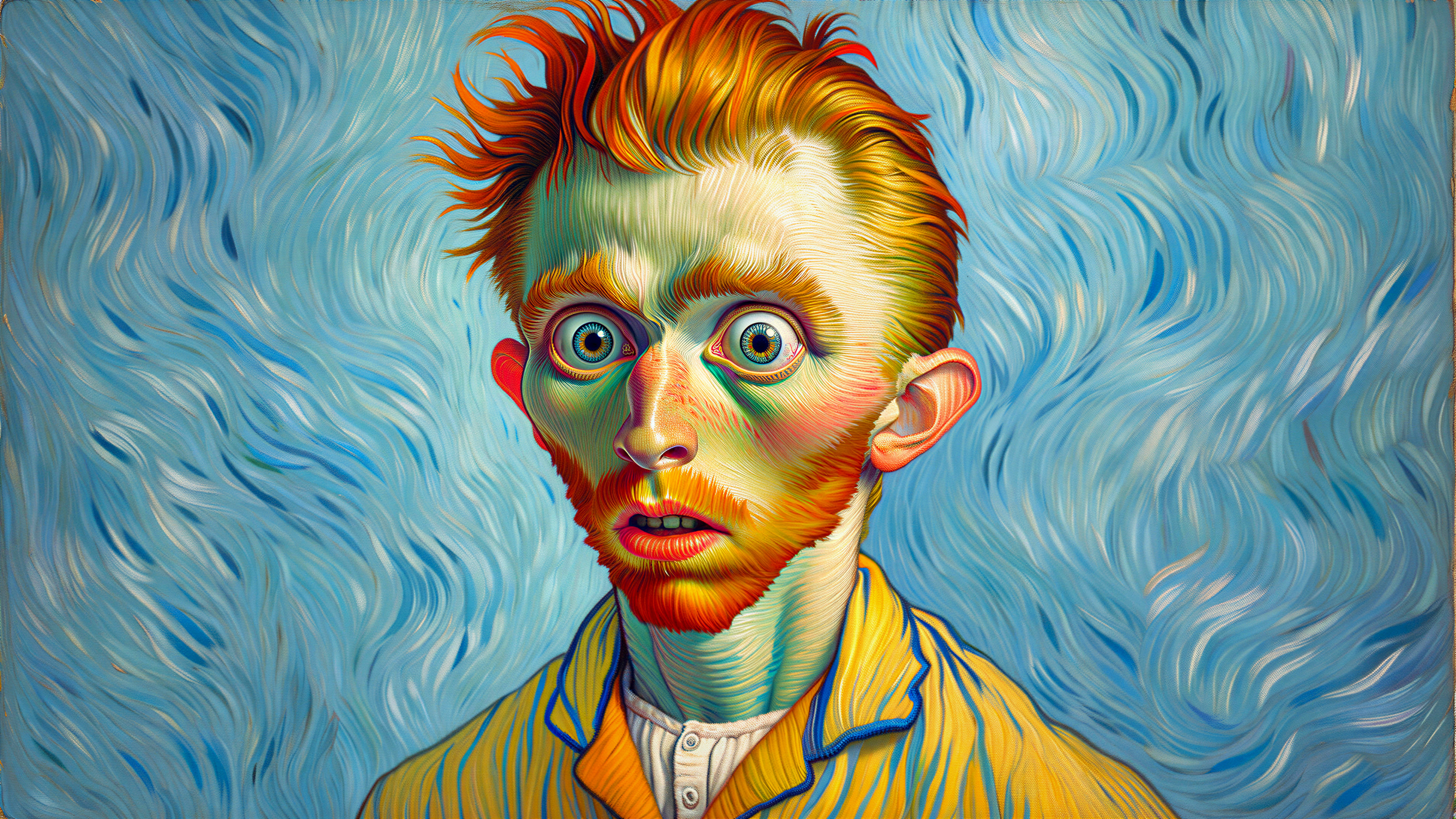 Portrait of a man with orange hair and blue background
