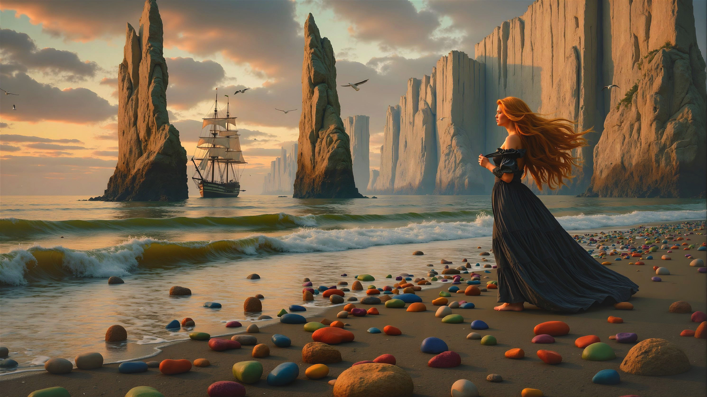 Serene beach with colorful stones and a distant ship
