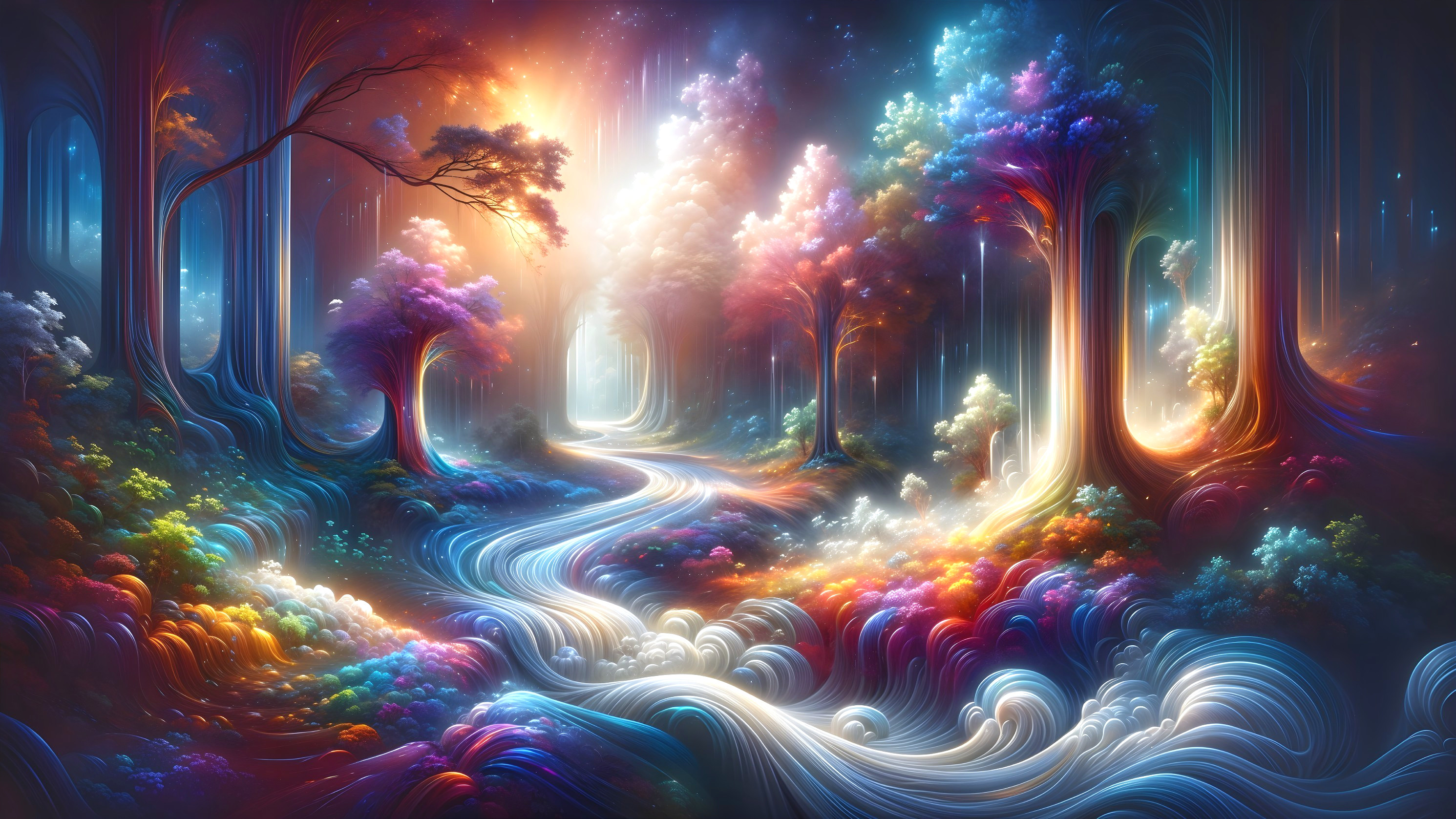 Vibrant Dreamlike Forest with Colorful Trees and River