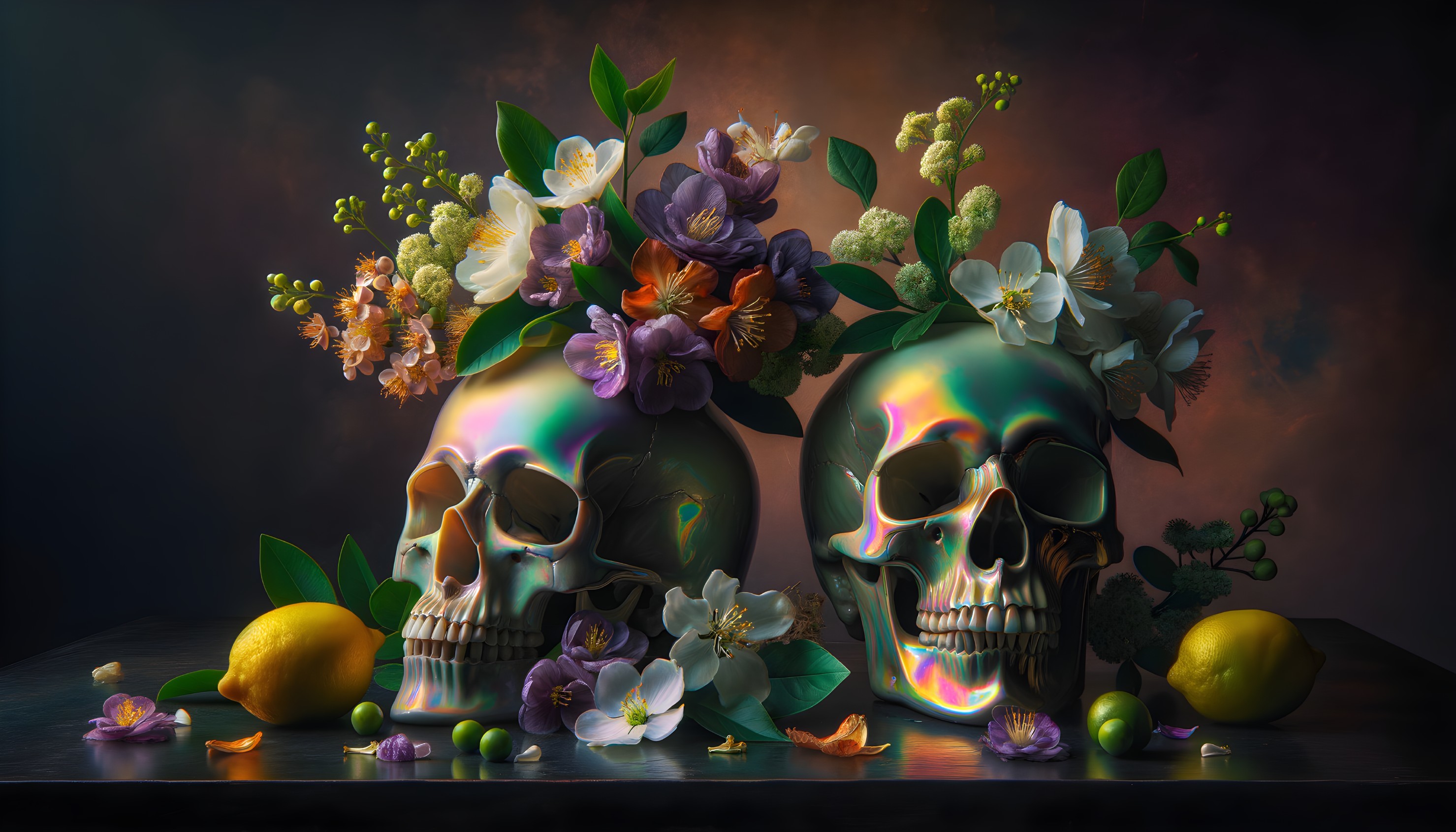 Intricately Designed Skulls with Flowers and Fruits