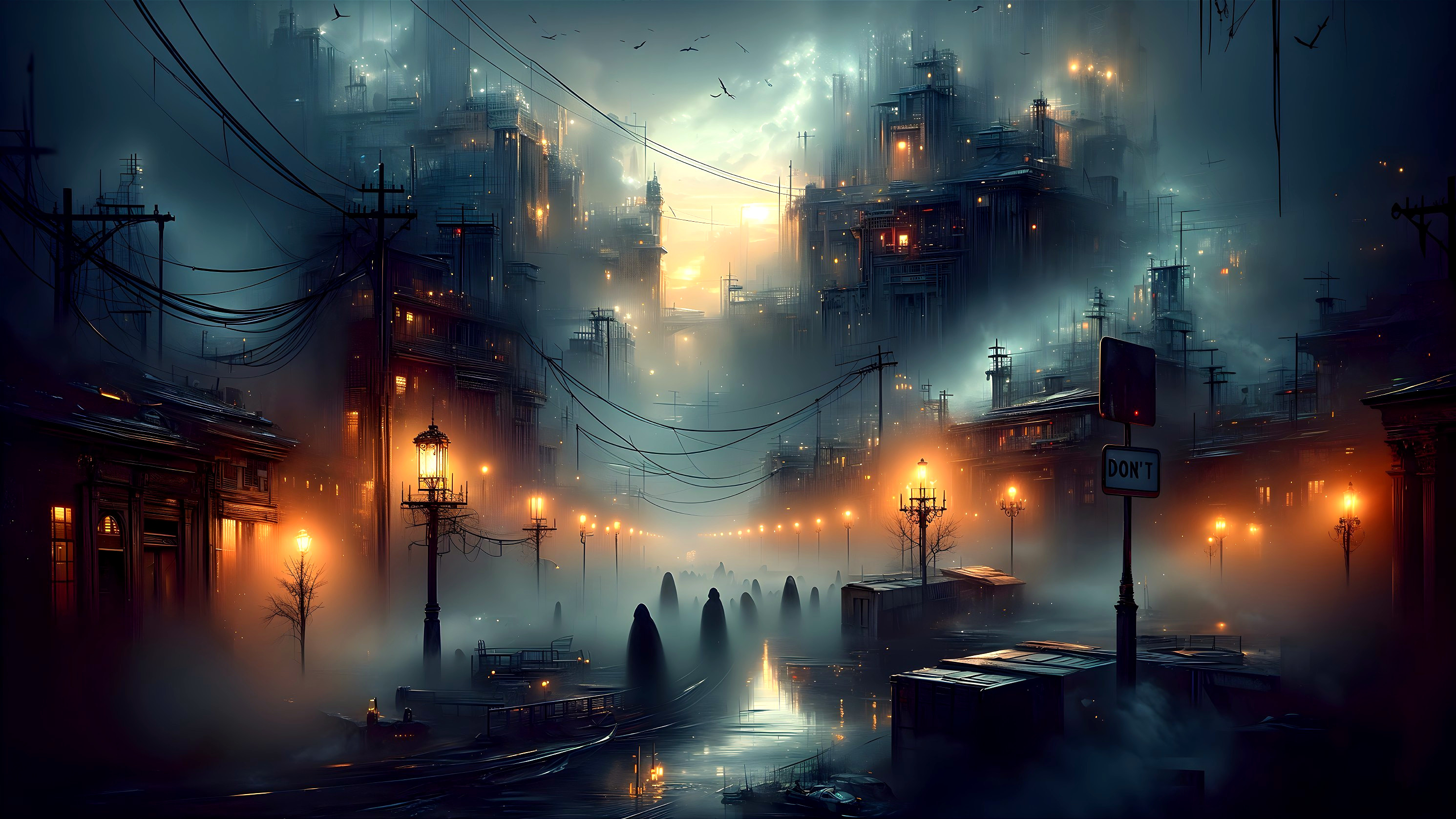 Misty Urban Landscape at Dusk with Eerie Atmosphere