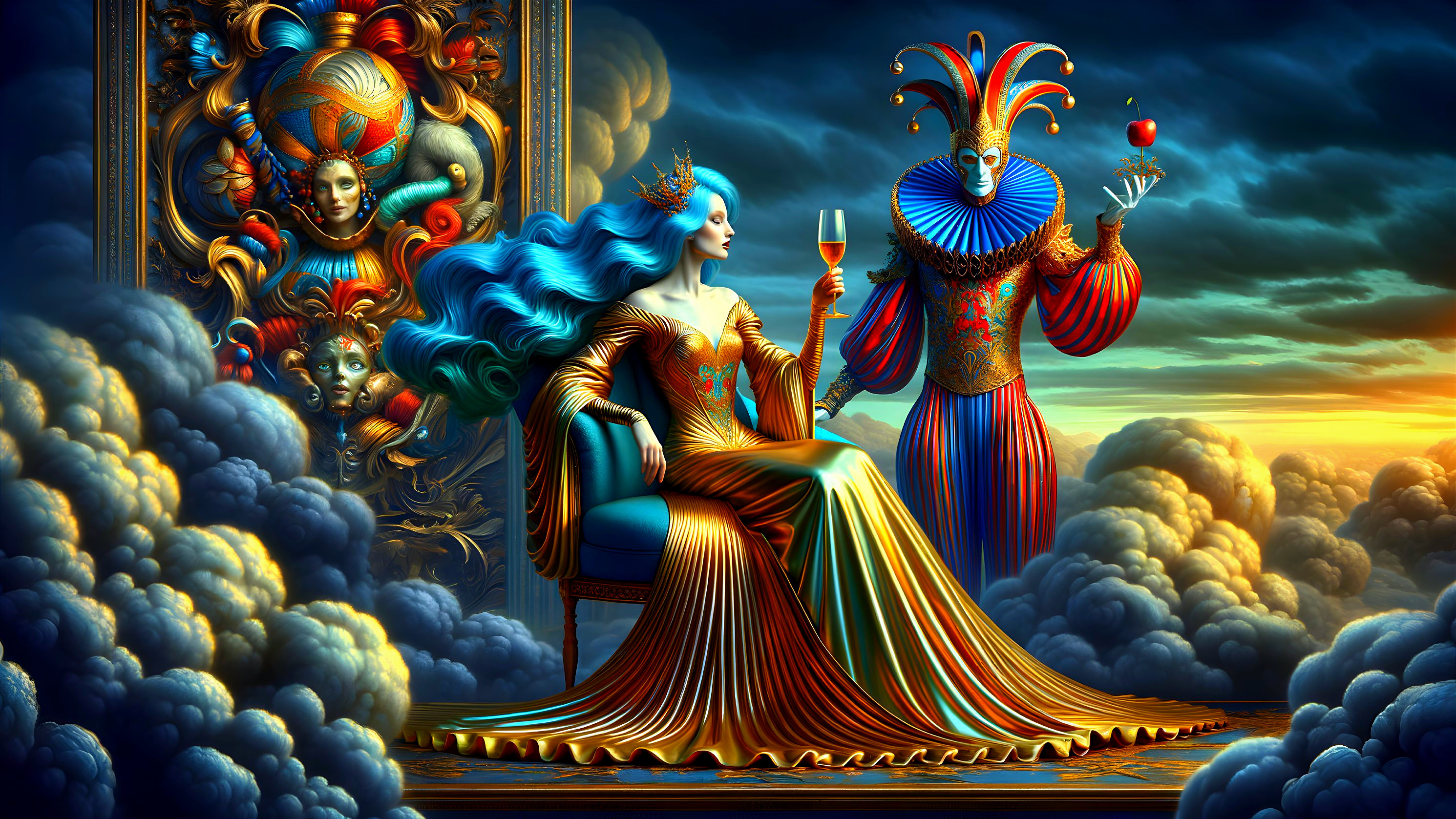Regal figure on throne with jester and dramatic backdrop
