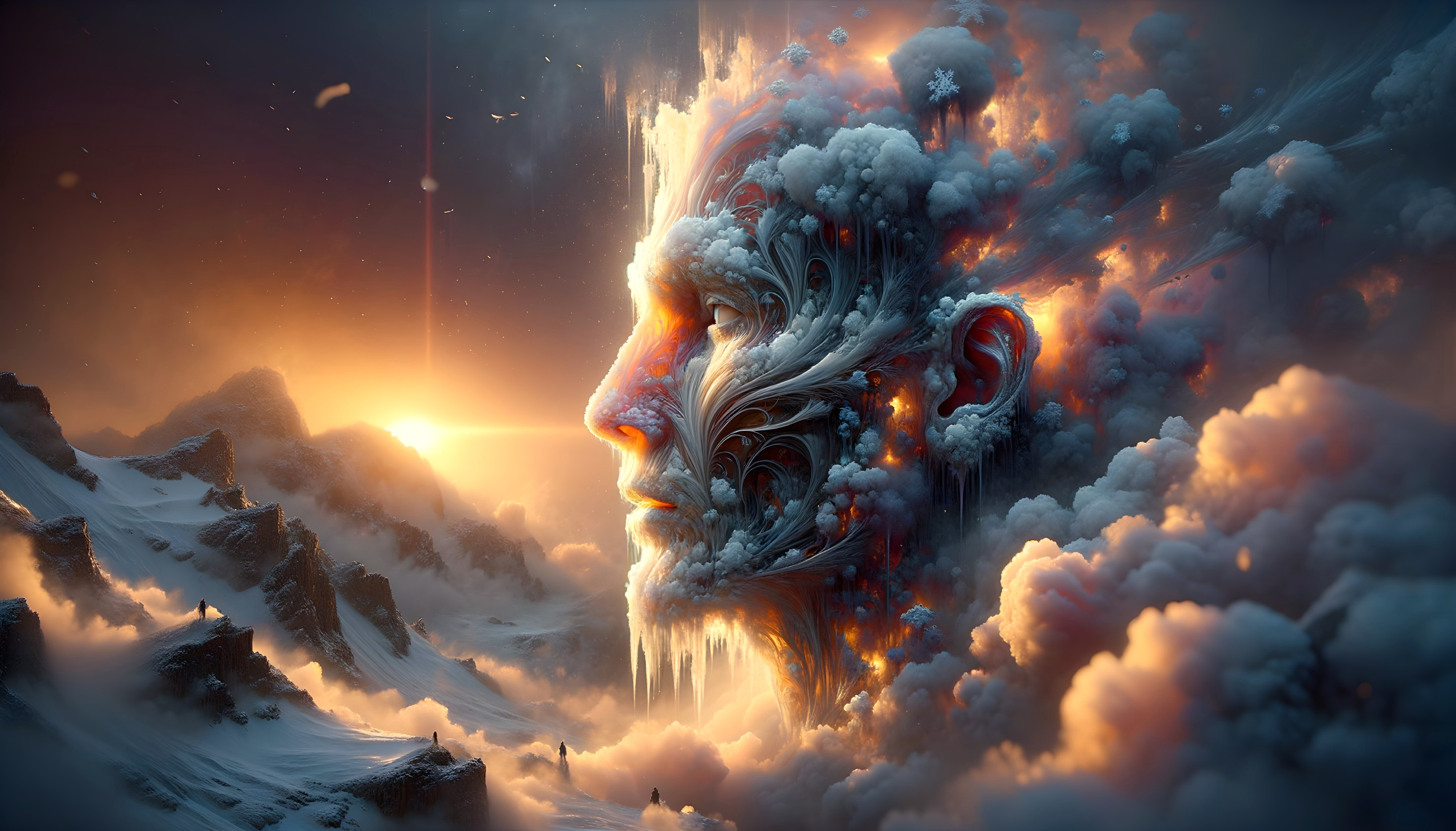 Giant Face Blended with Mountainous Landscape and Setting Sun