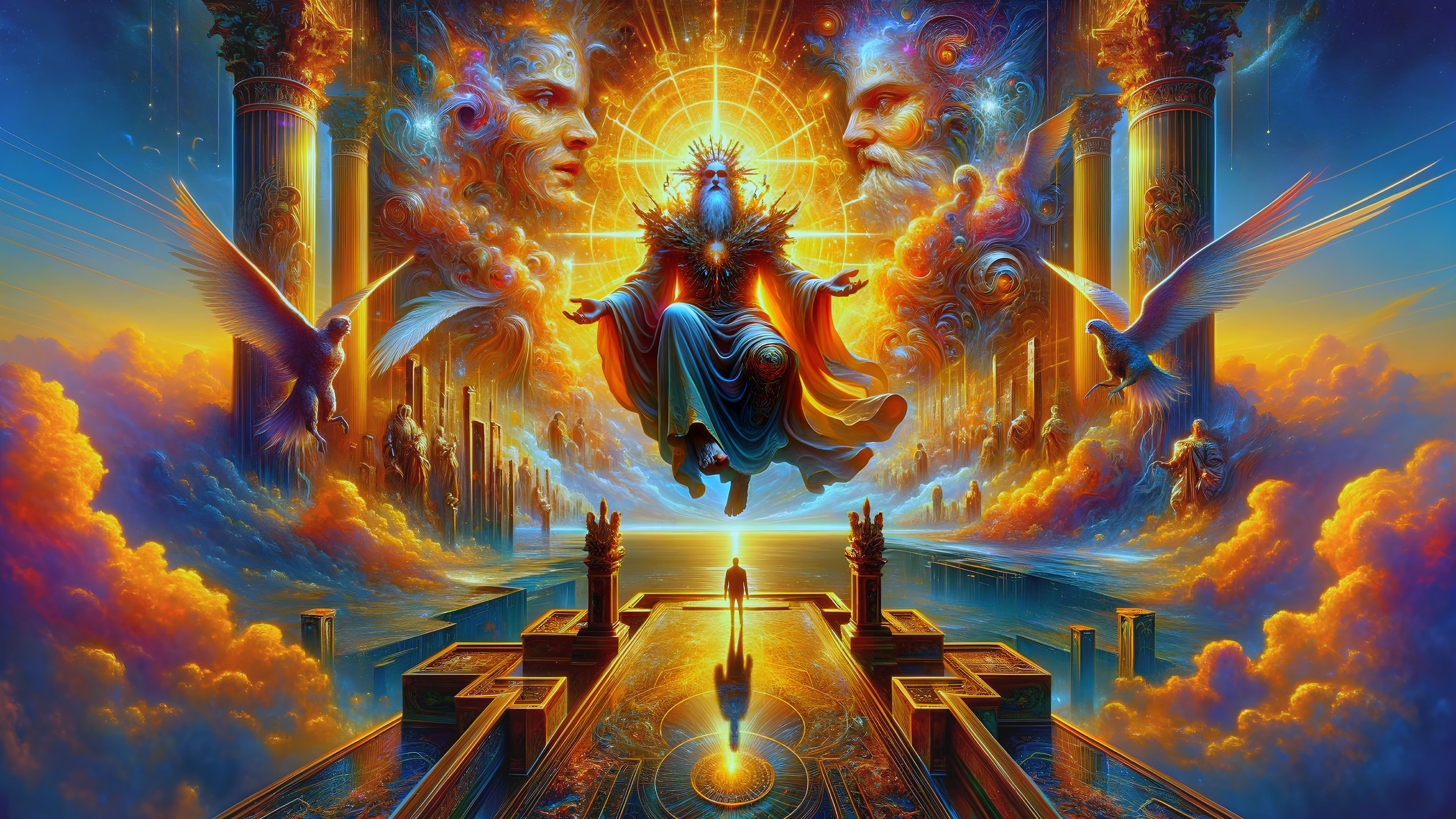 Majestic Scene of a Divine Figure in Vibrant Realm