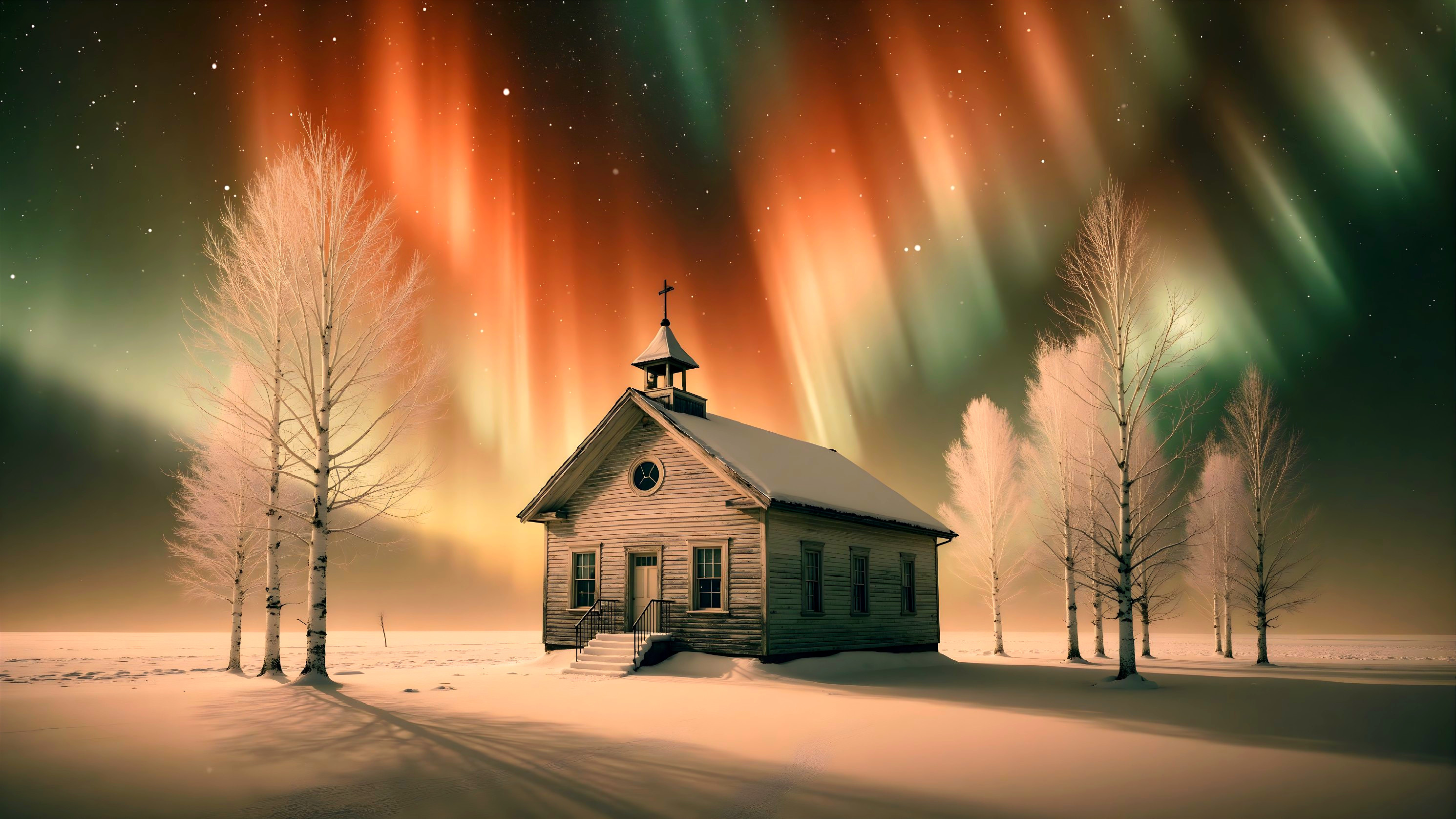 Wooden Church in Snowy Landscape Under Auroras