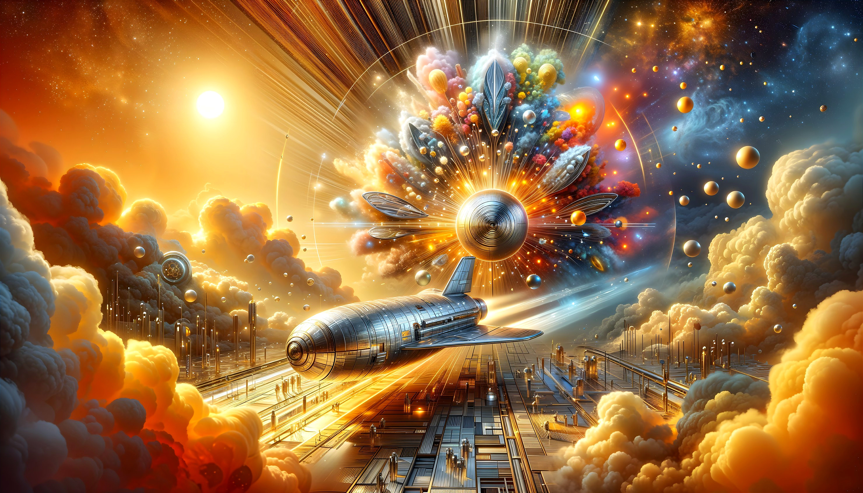 Futuristic spacecraft launch in vibrant cosmic landscape