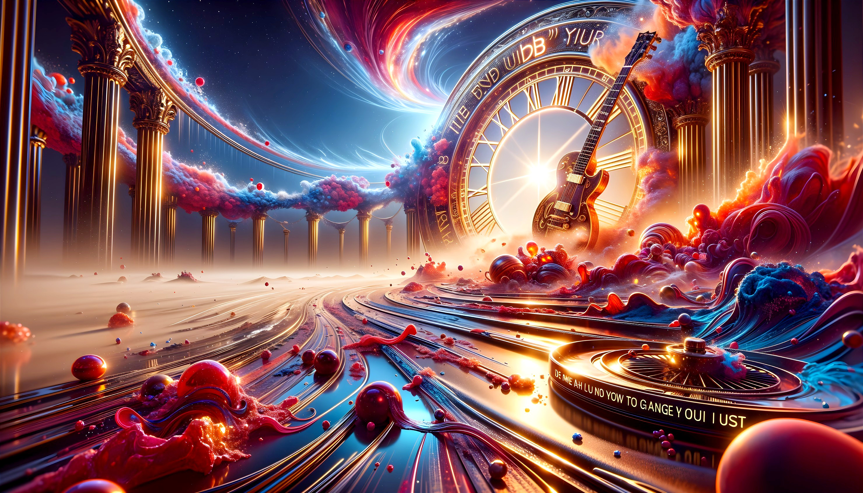 Surreal Landscape with Clock and Guitar in Vibrant Colors