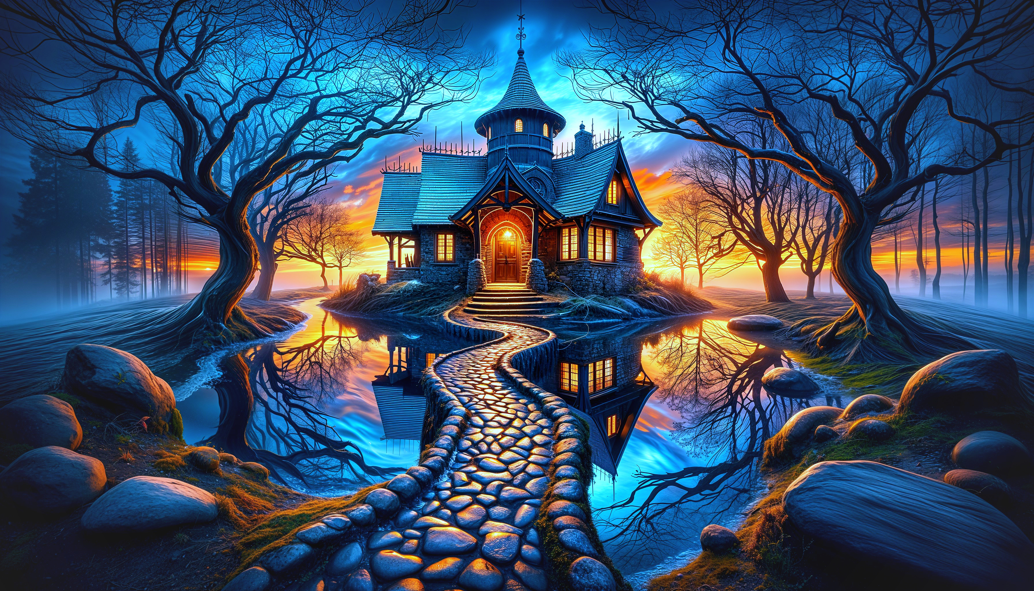Enchanting Cottage at Twilight by Reflective Pond