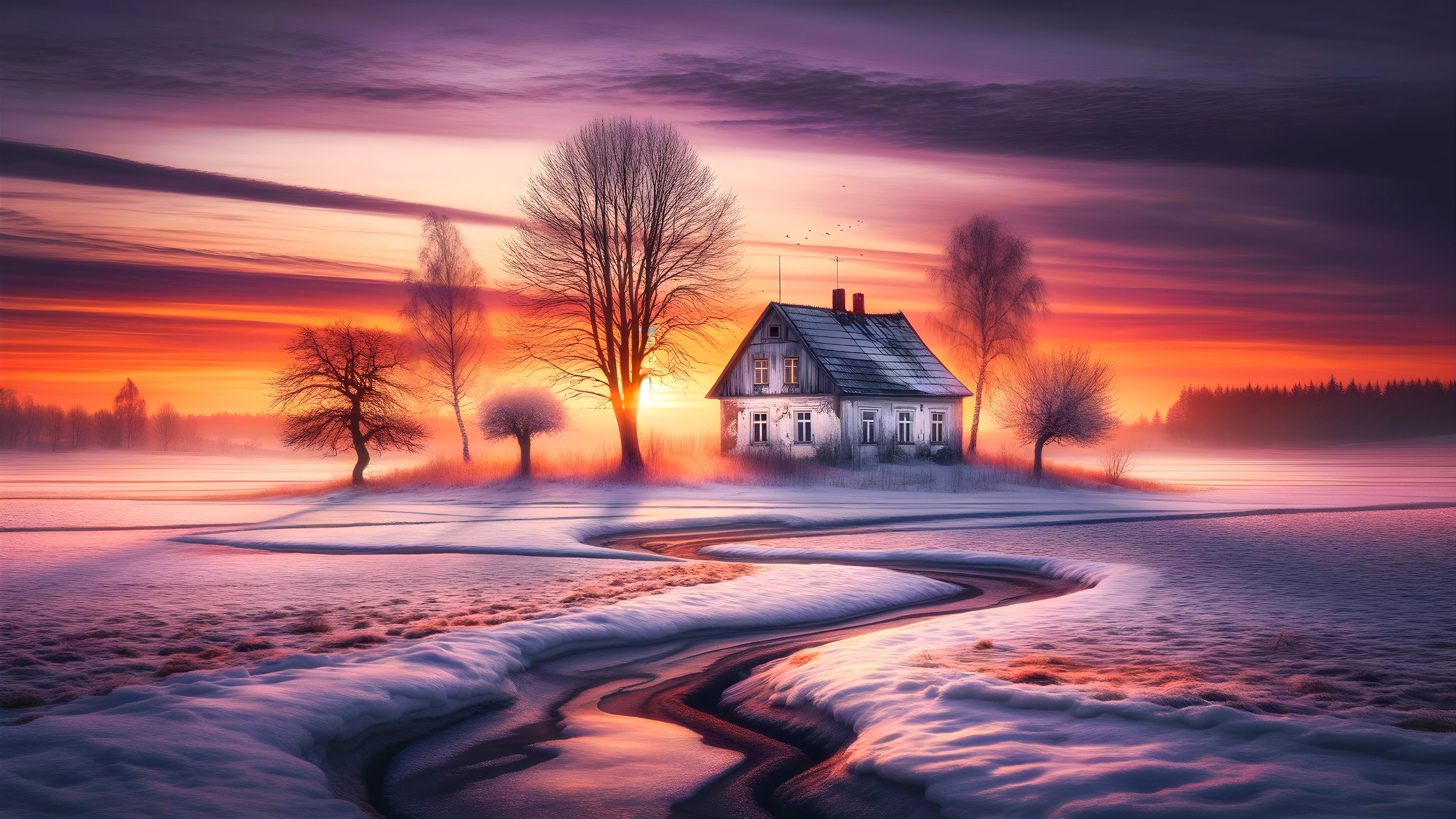 Charming House in Serene Winter Landscape at Sunset