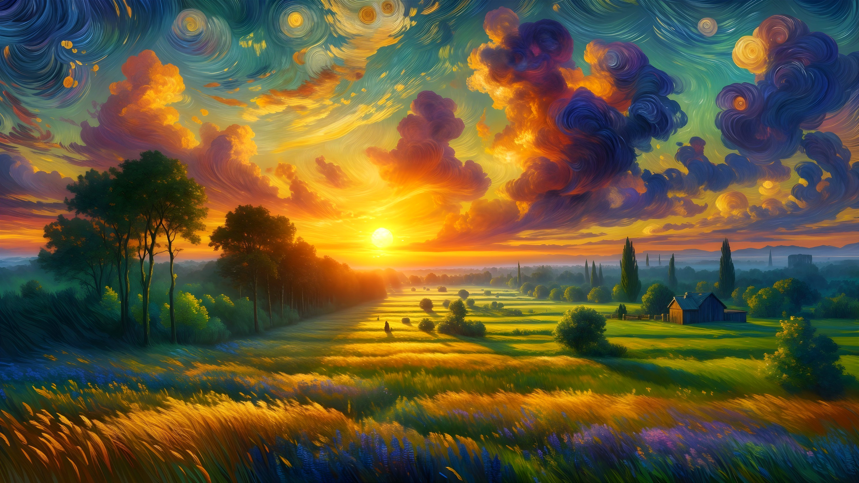Vibrant Sunset Landscape with Wheat Fields and Barn