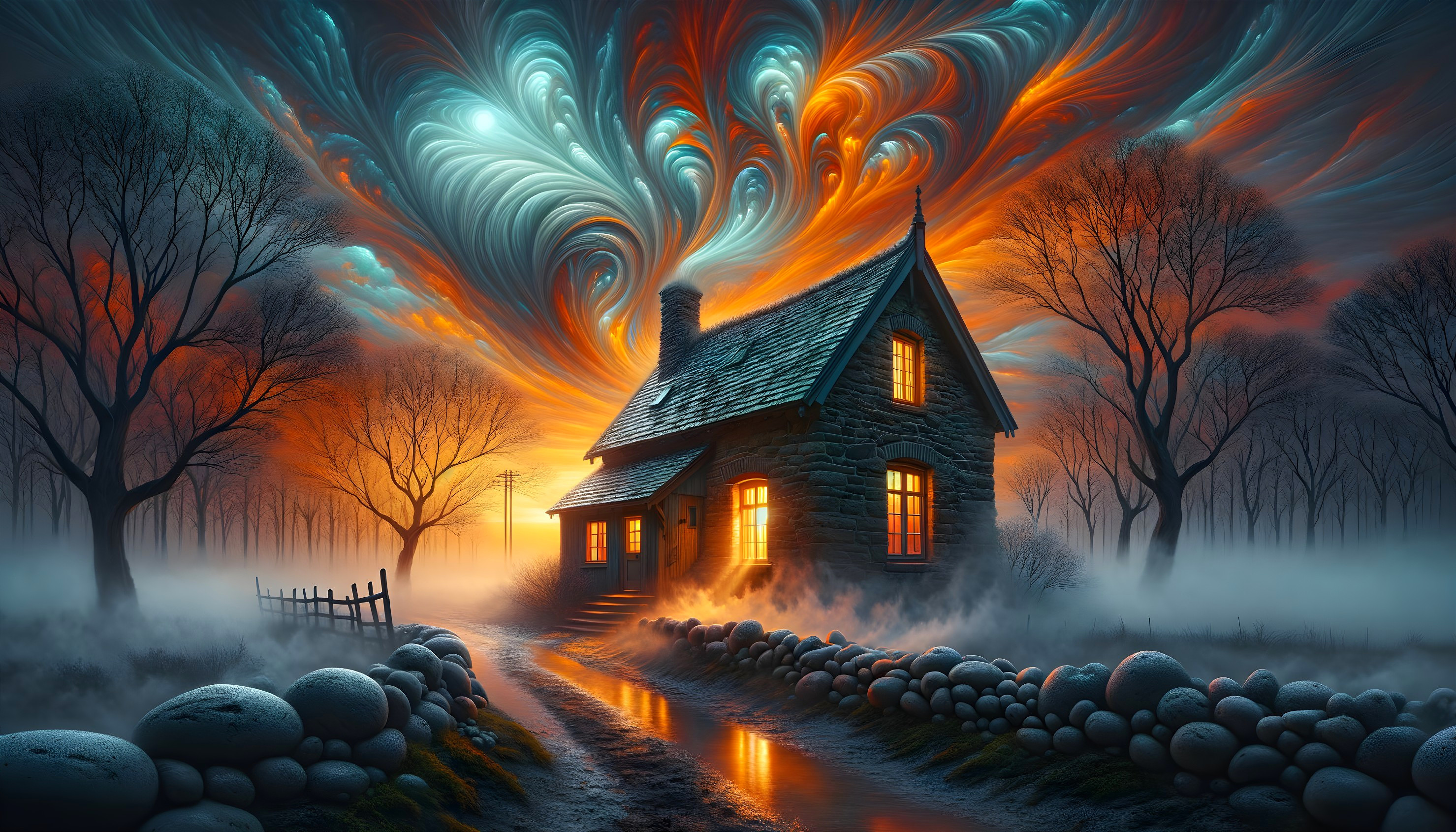 Stone Cottage in a Misty Landscape with Vibrant Sky