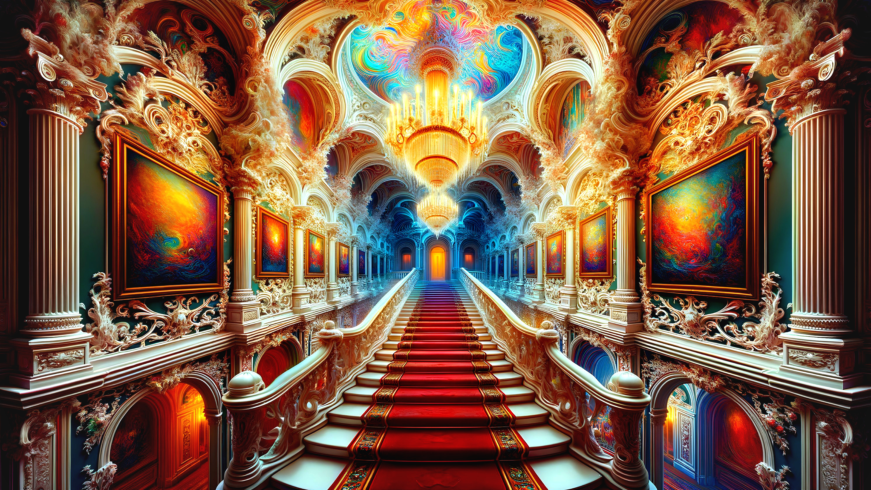 Opulent staircase in a grand hall with rich decor