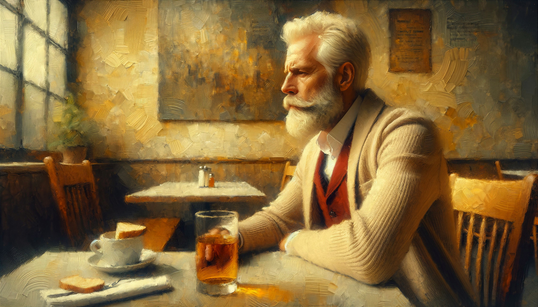 Older Gentleman in Cozy Café Setting with Drinks