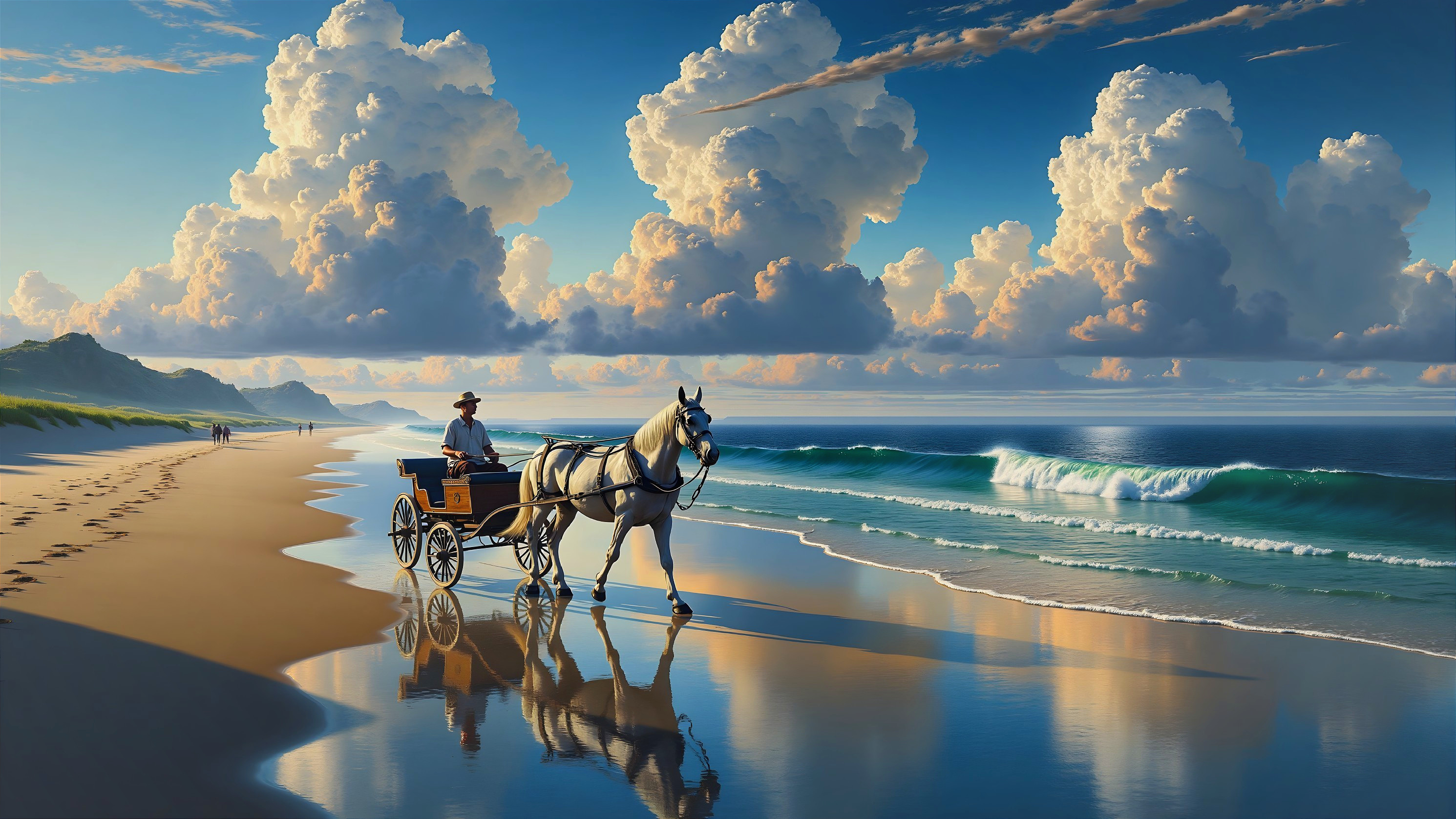 Serene Beach Scene with Horse-Drawn Carriage