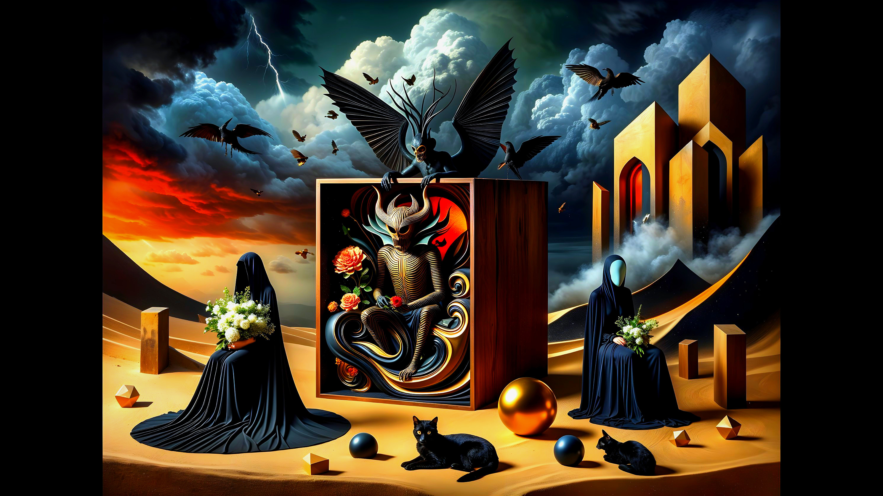 Surreal Landscape with Hooded Figures and Deity Box