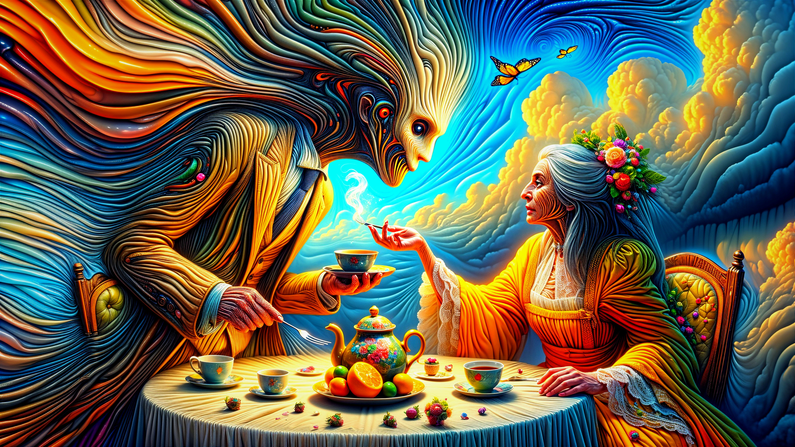 Surreal Tea Party in a Vibrant Dreamlike Landscape