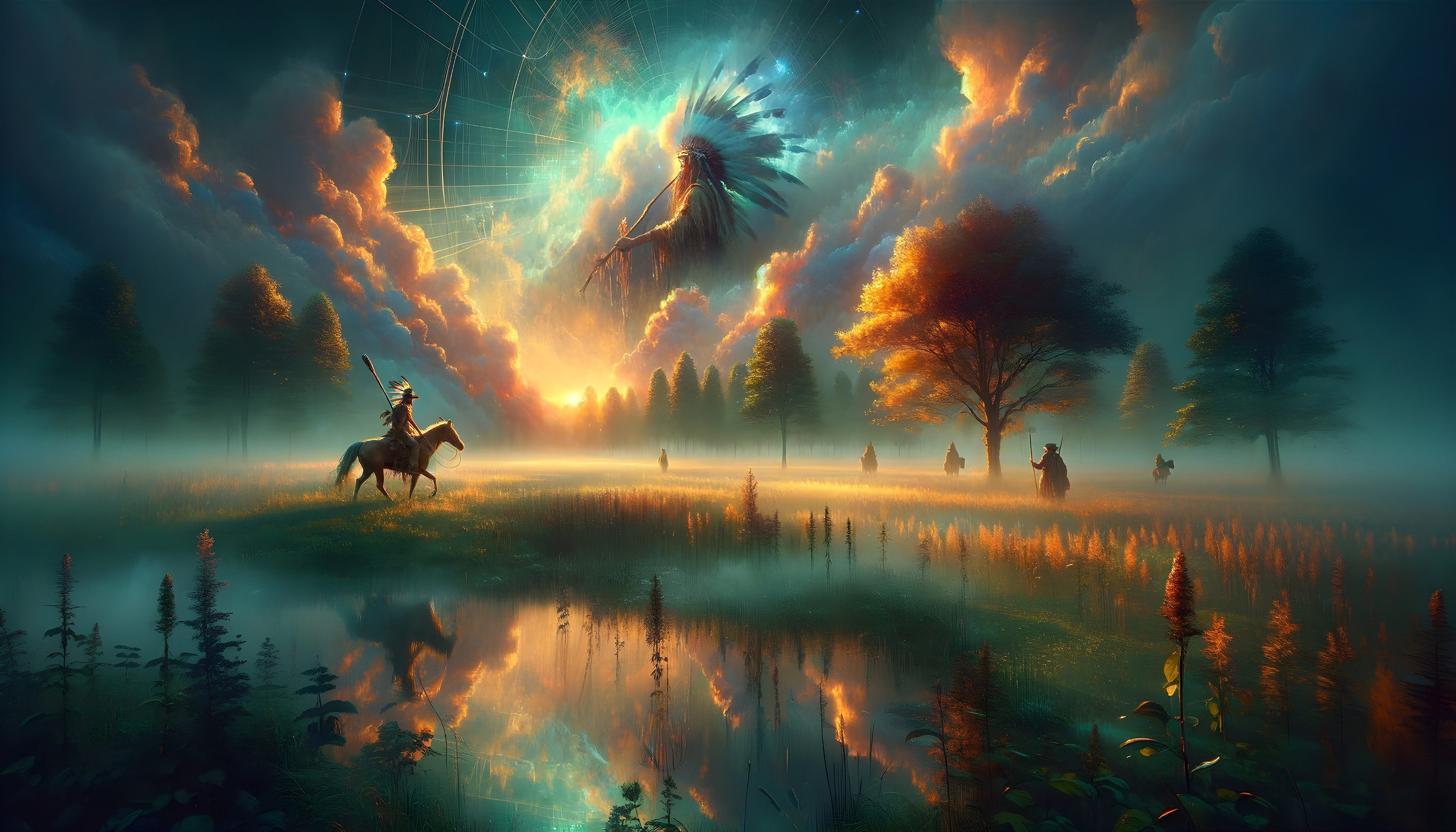 Surreal Landscape with Knights and Cosmic Elements