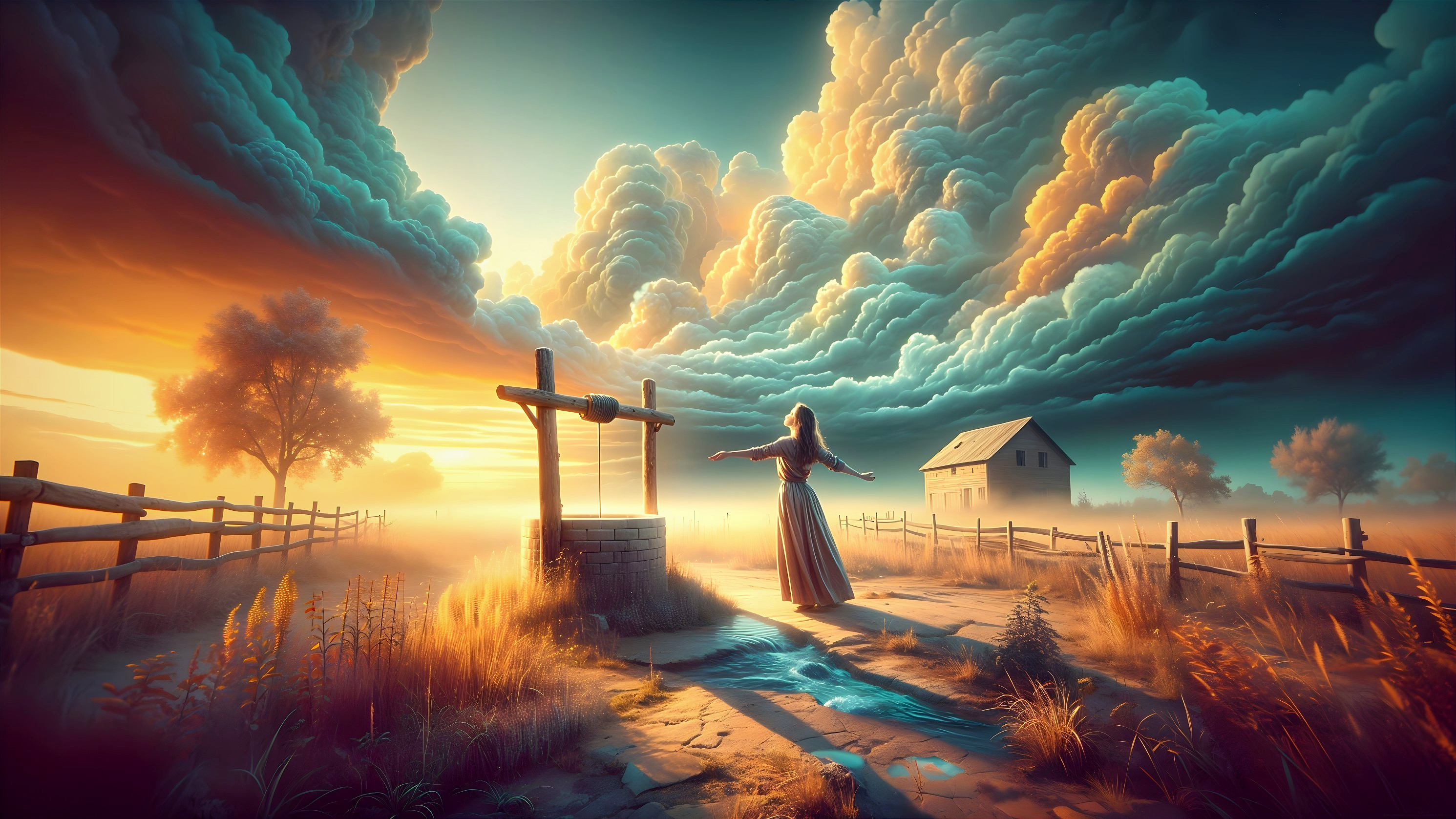 Serene Sunset Landscape with Woman by Stone Well