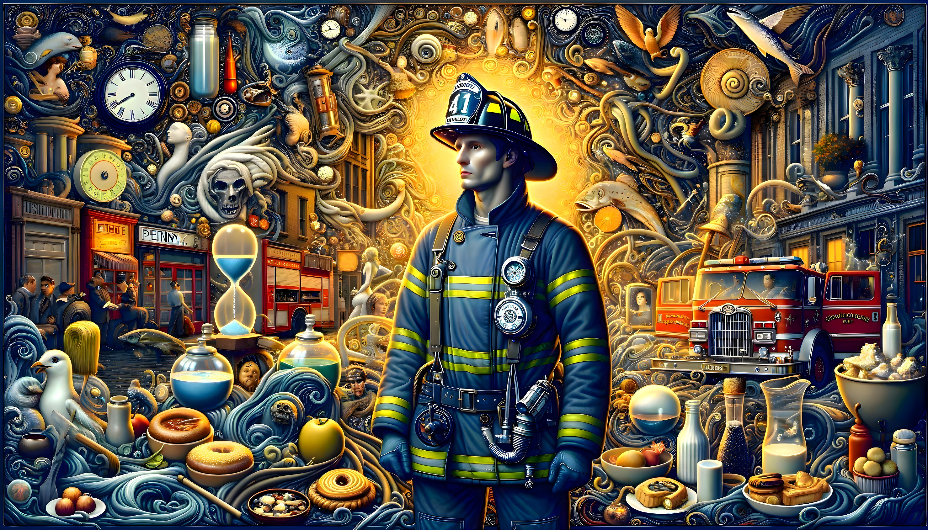 Surreal Firefighter Surrounded by Whimsical Elements