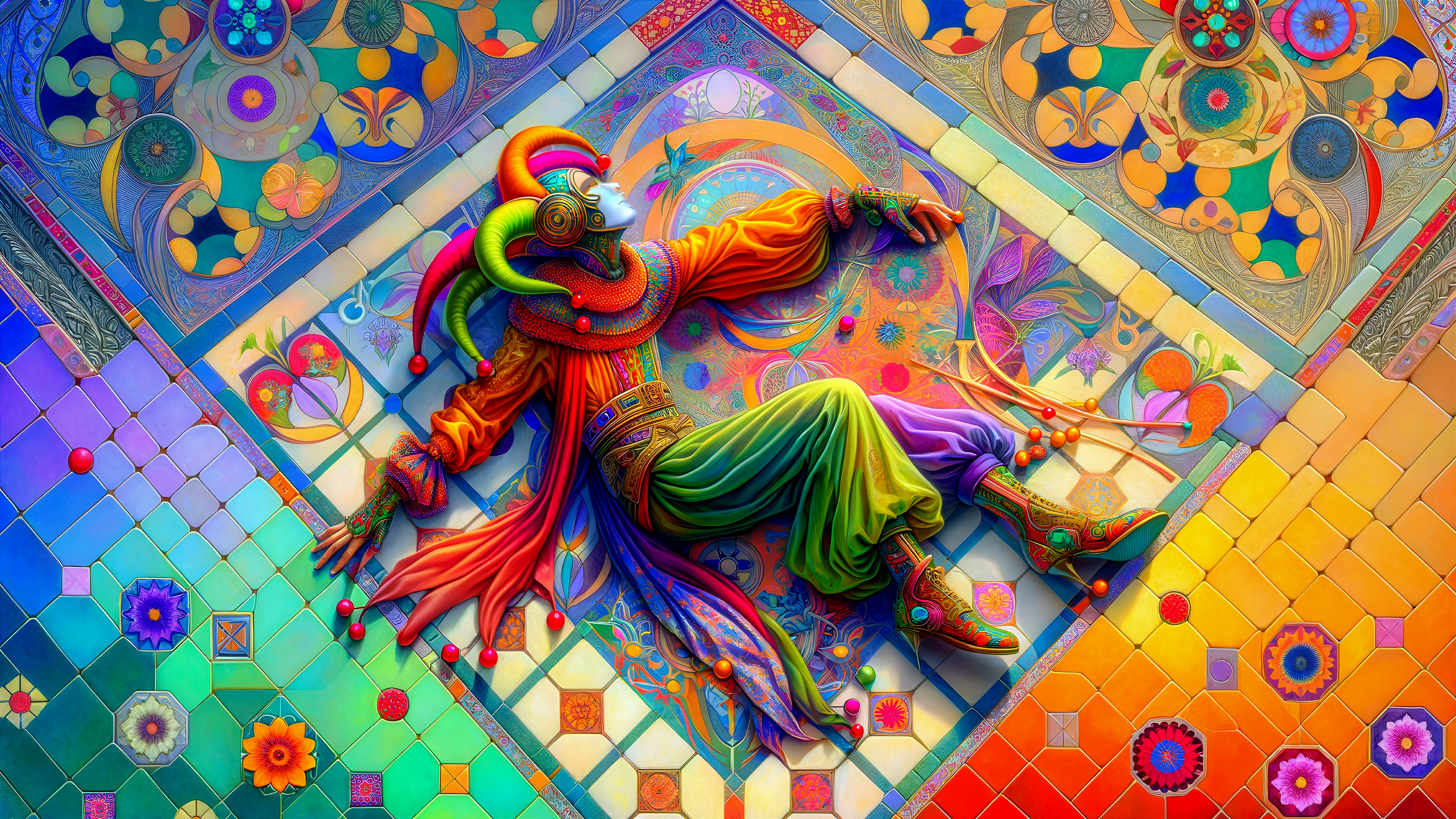 Vibrant Jester on Colorful Tiled Surface with Patterns