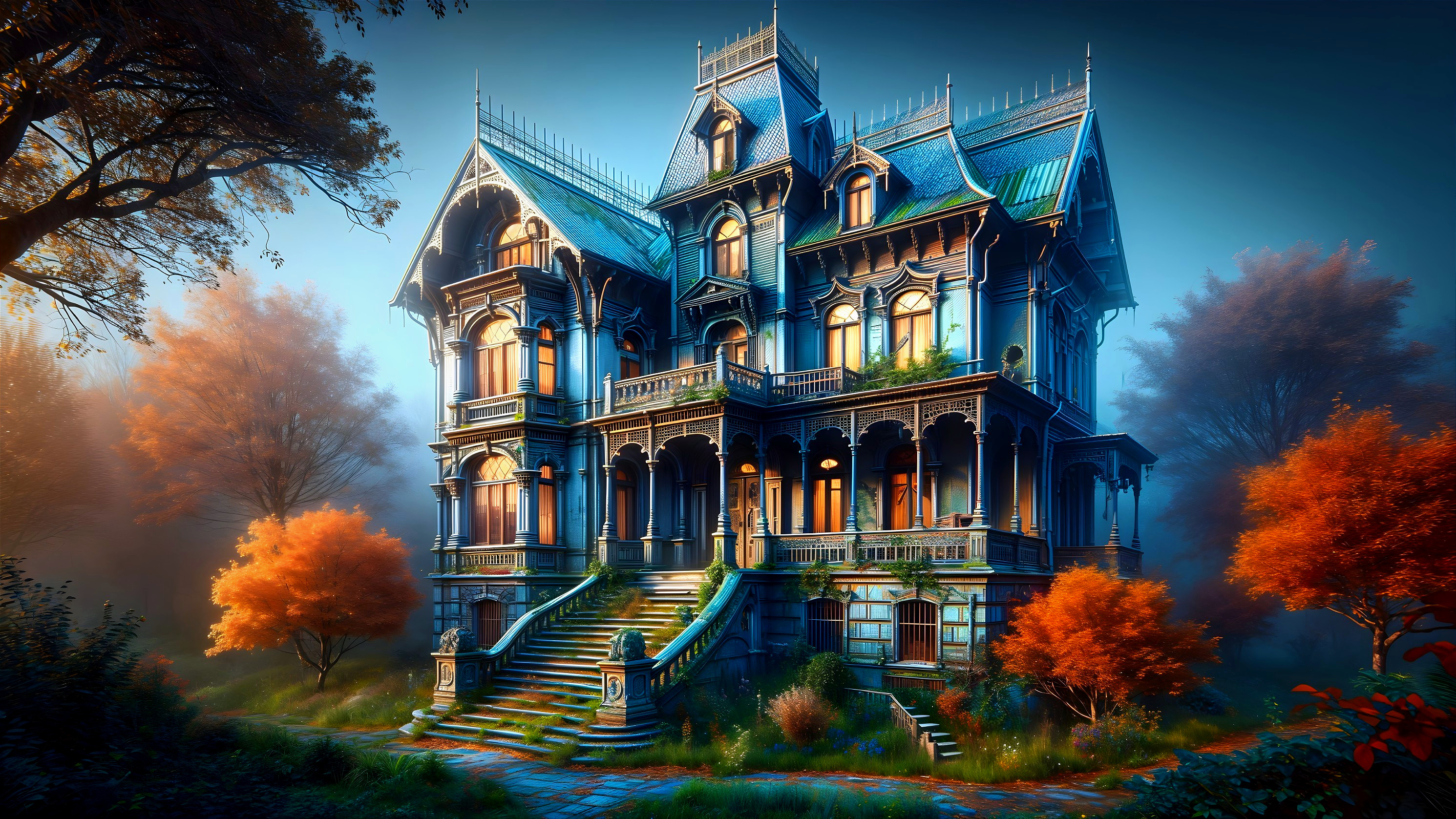 Victorian Mansion Surrounded by Autumn Forest景