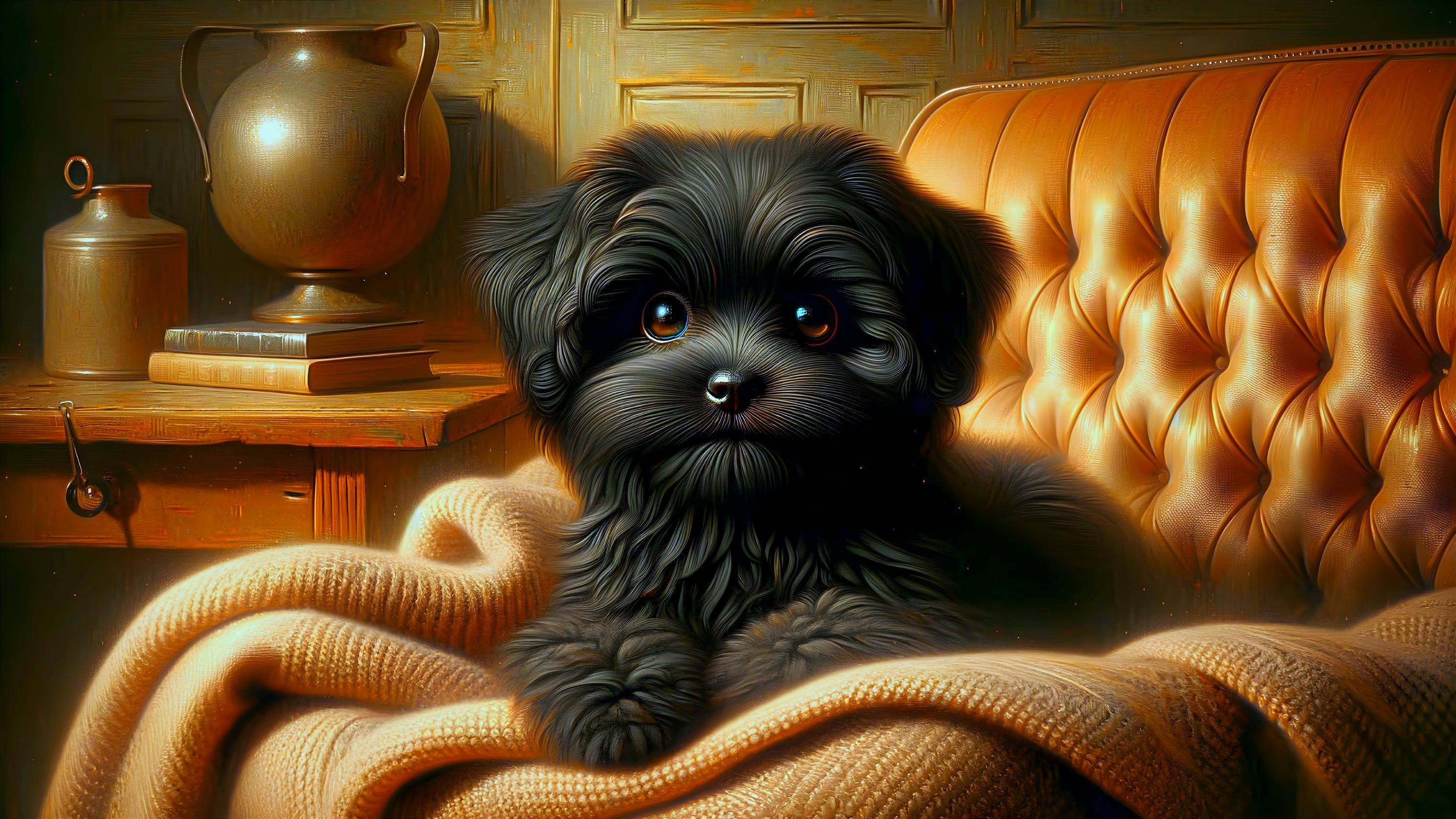 Fluffy Black Puppy Resting on Cozy Armchair