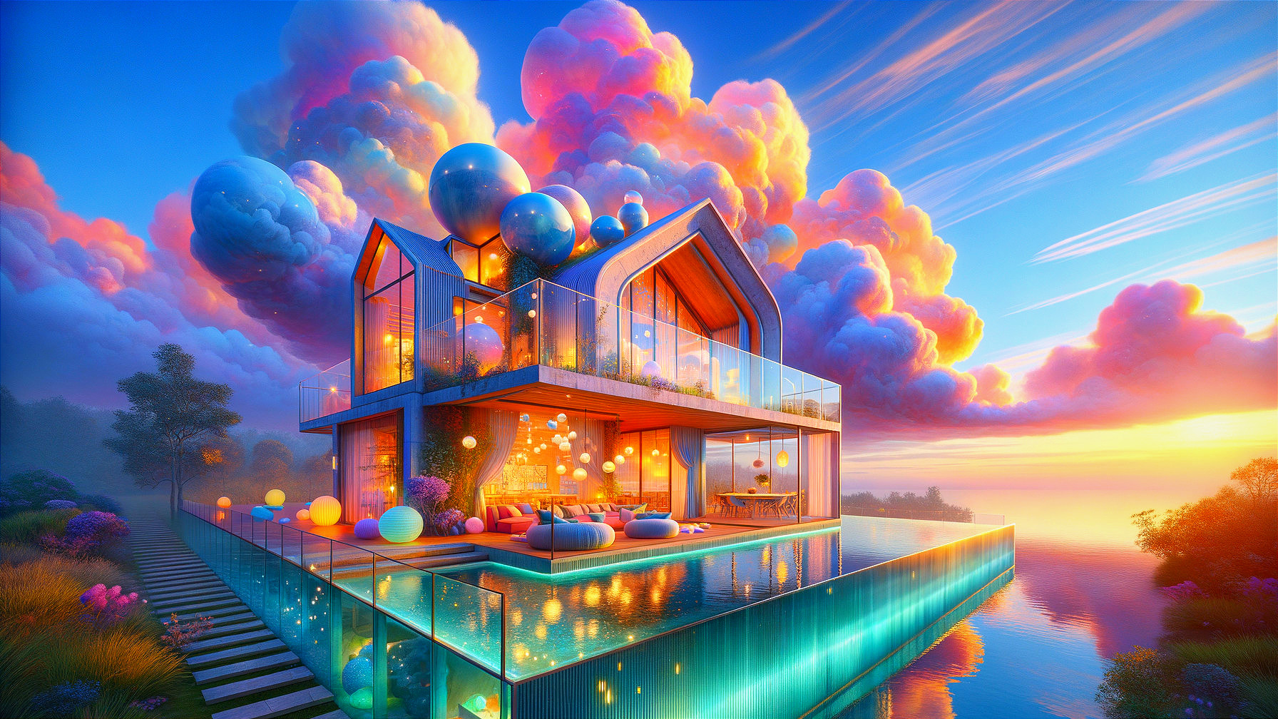 Modern house with glass windows and sunset clouds