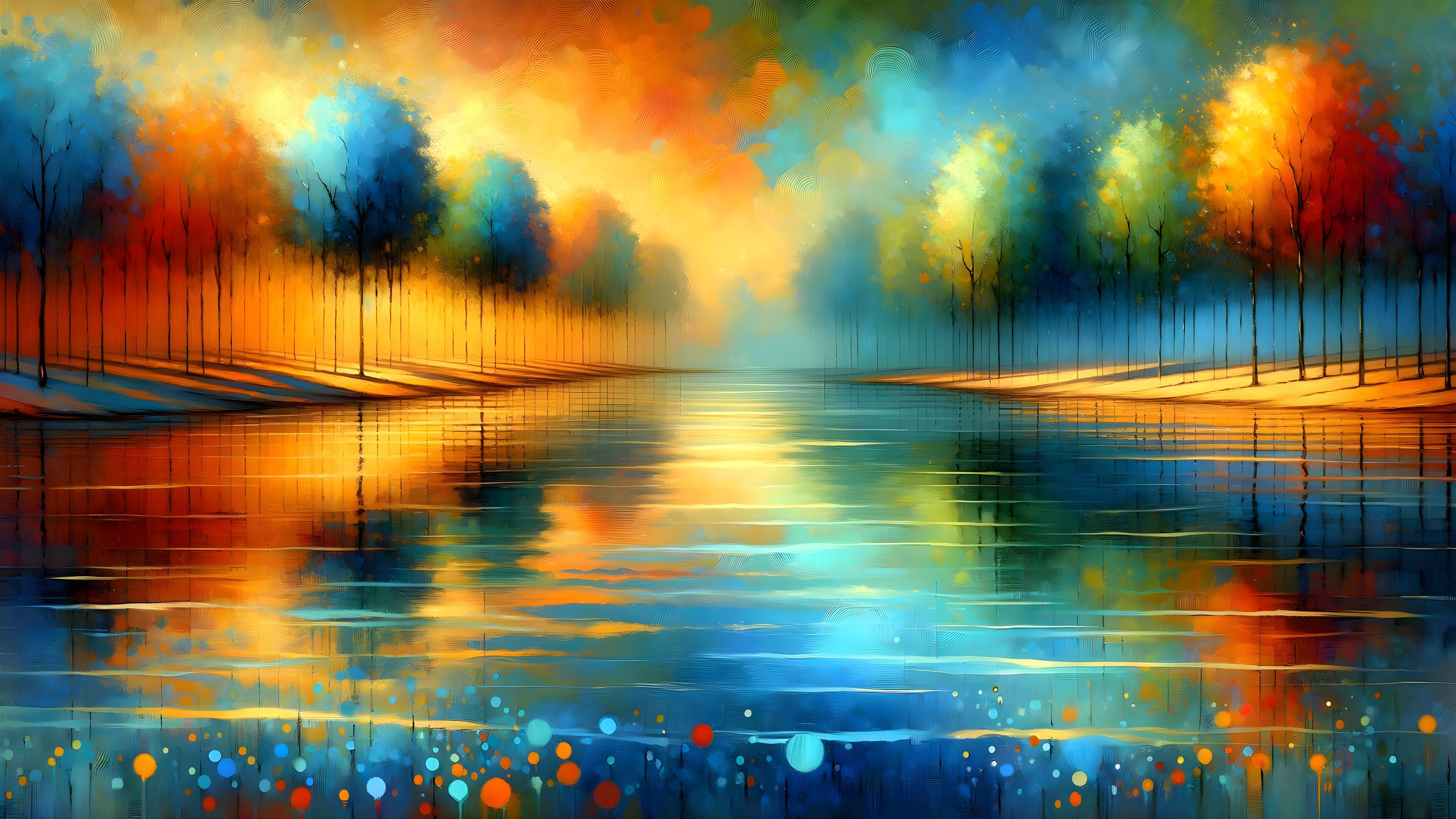 Impressionistic Landscape with Serene River and Trees