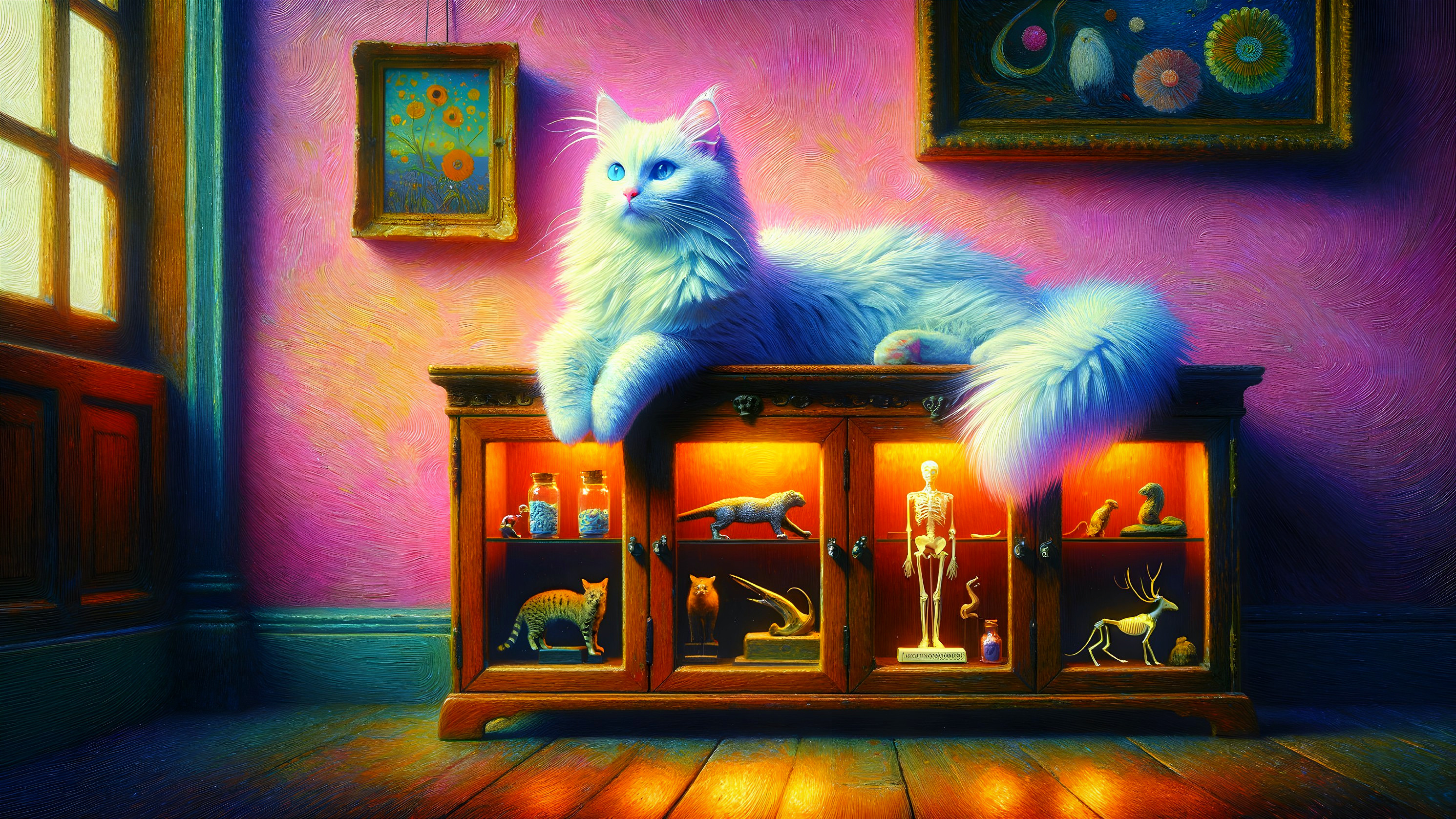 Fluffy White Cat on Wooden Cabinet with Displayed Objects