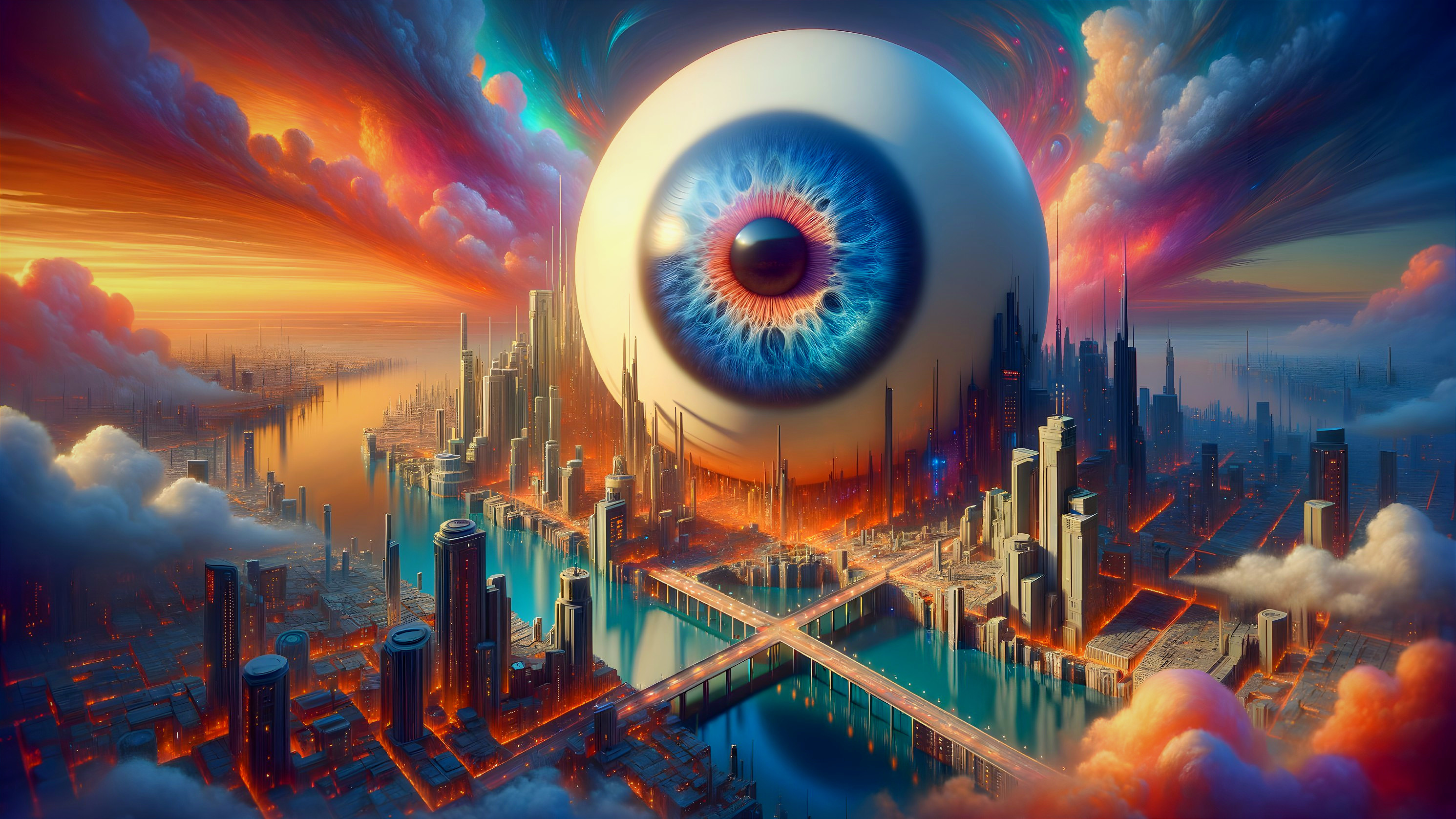 Surreal Cityscape with a Giant Eye and Vibrant Colors