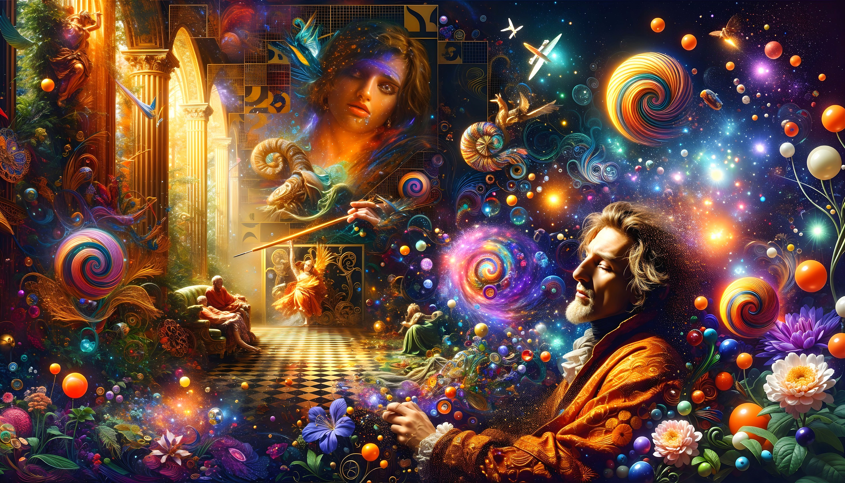 Surreal Scene of Cosmic Elements and Ethereal Figures