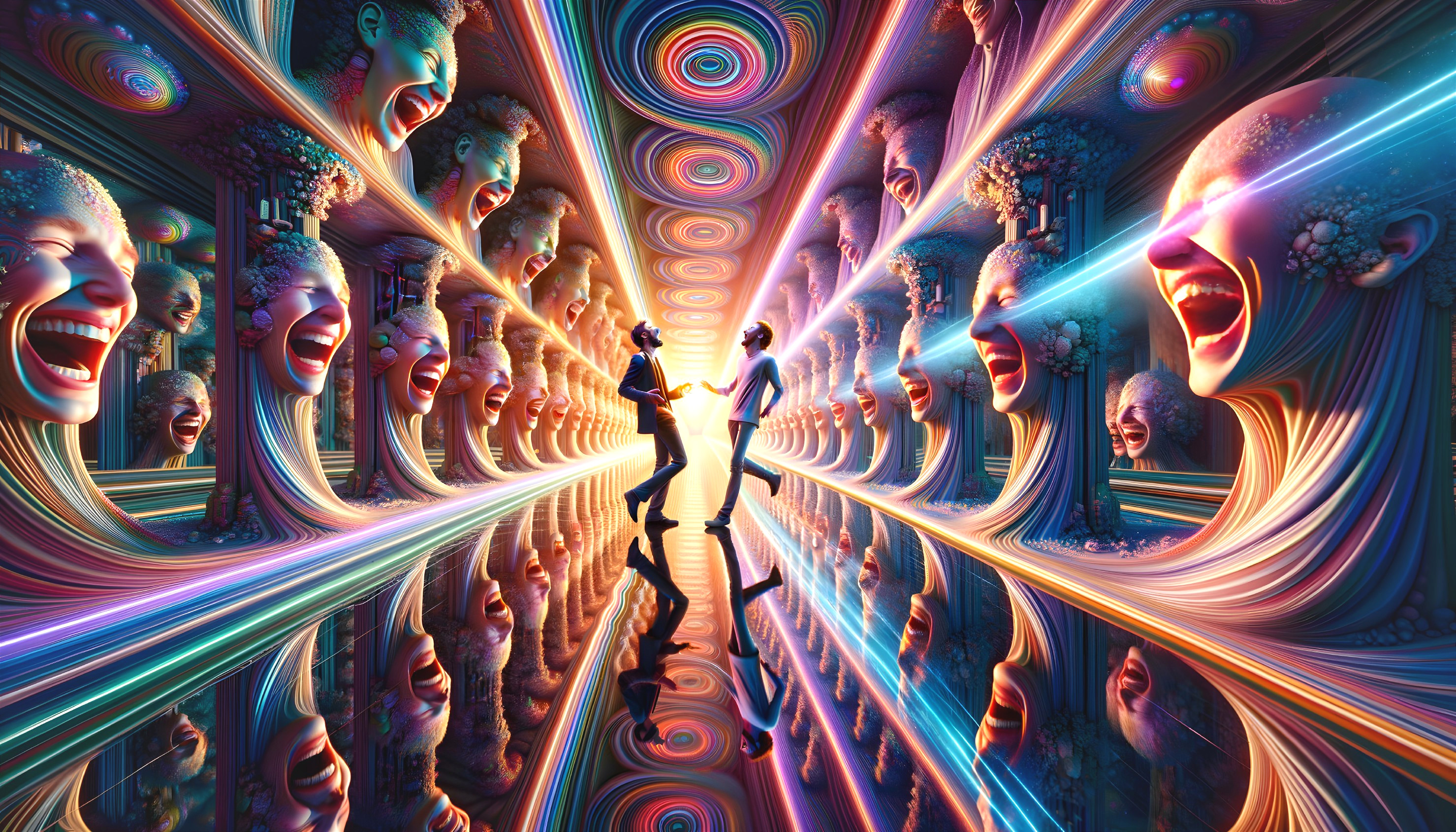 Surreal Tunnel with Humanoid Silhouette and Warped Faces