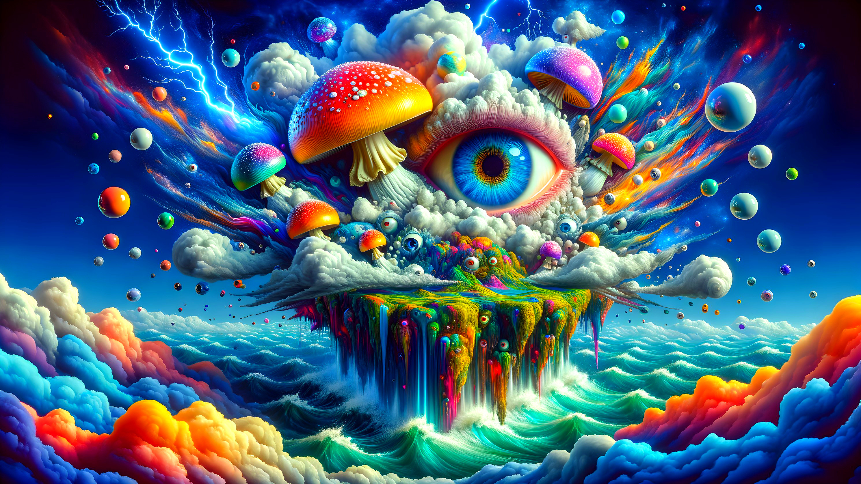 Surreal Landscape with Giant Eye and Colorful Elements