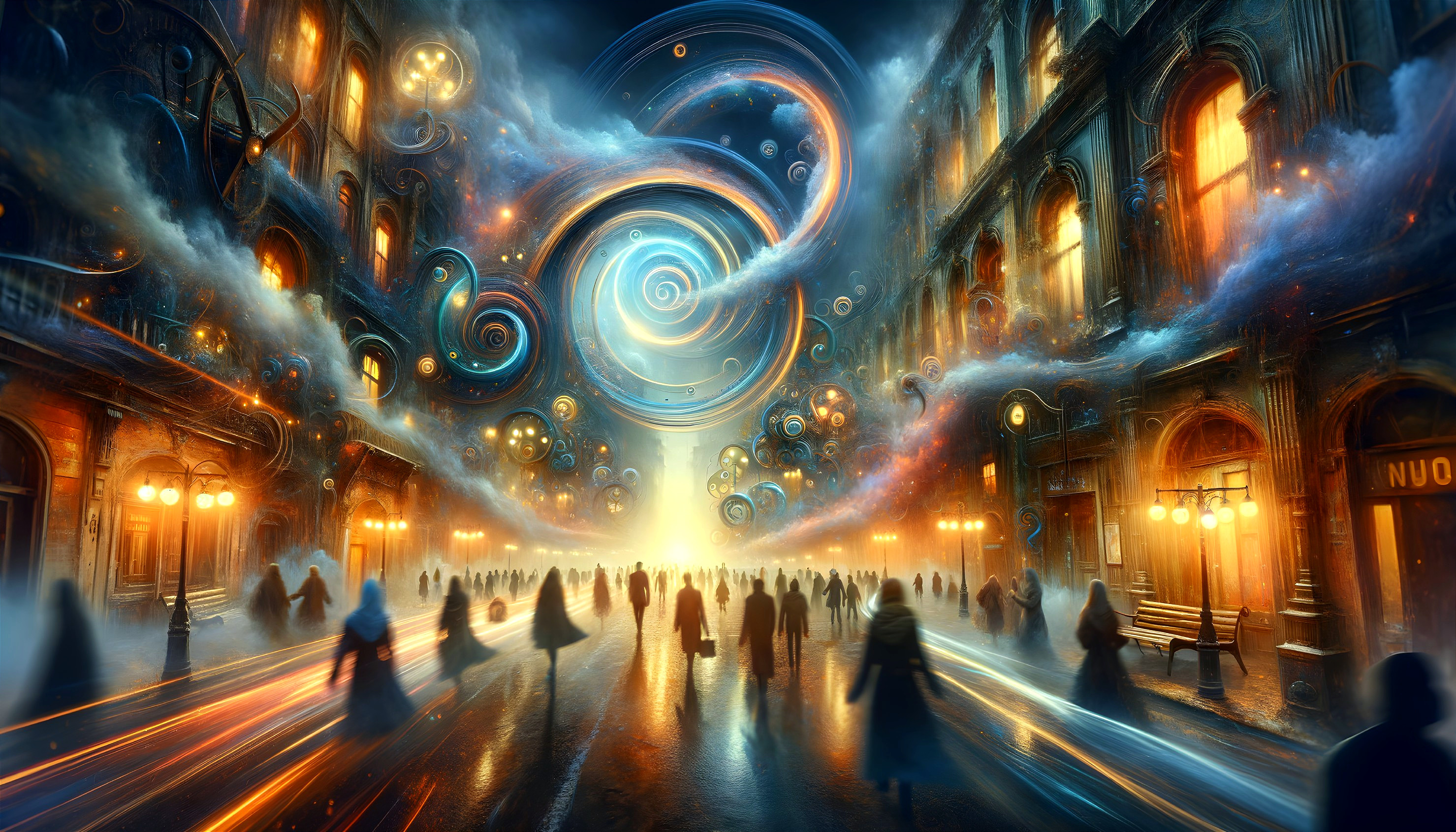 Surreal Urban Scene with Cosmic Clouds and Ethereal Lights