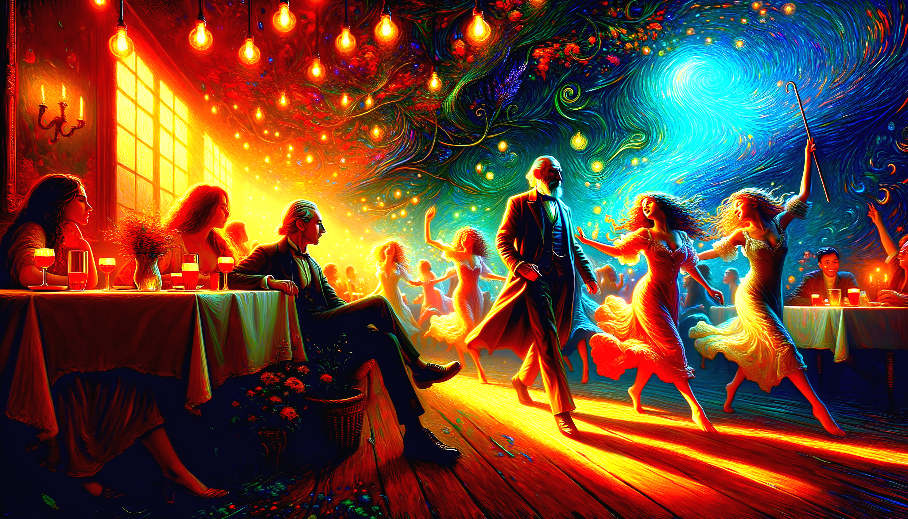 Colorful Illustration of a Magical Ballroom Scene