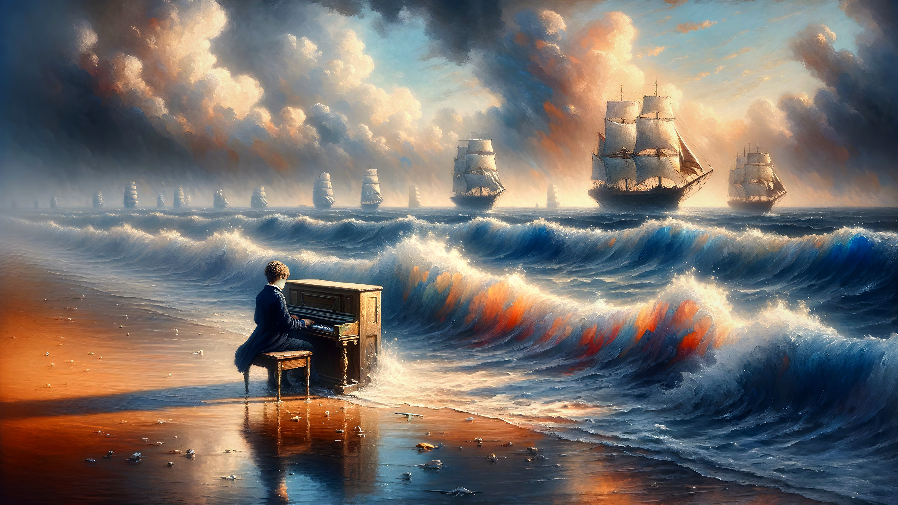 Coastal Scene with Piano, Waves, and Sailing Ships