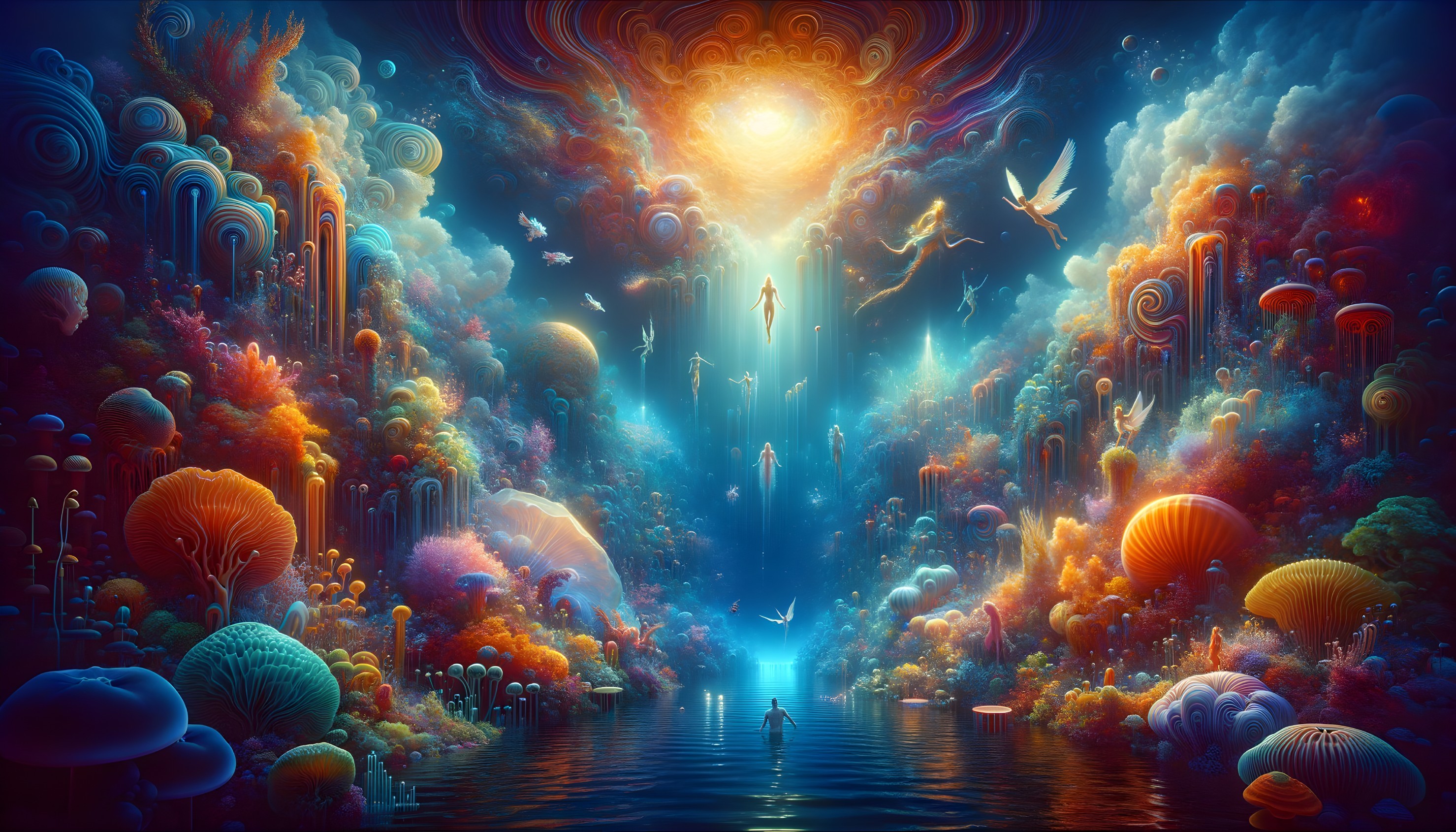 Colorful surreal landscape with mushrooms, water, radiant sky, birds, and silhouettes.