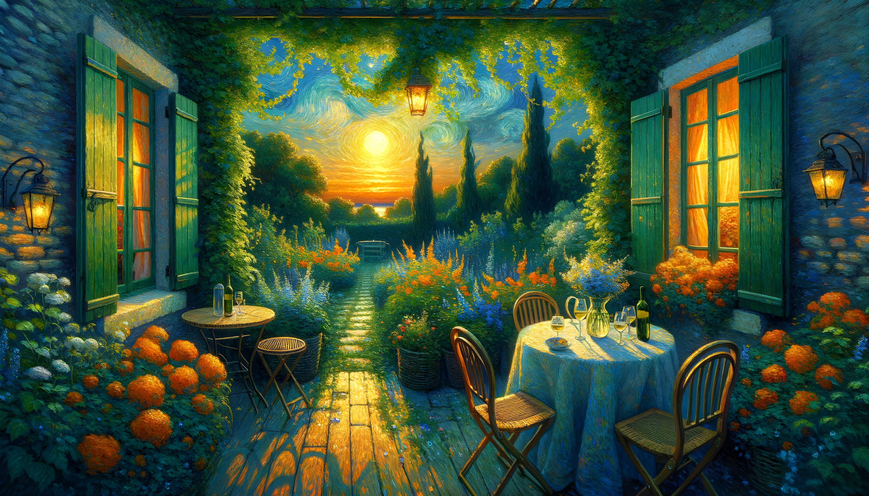Vibrant Garden Scene at Sunset with Cozy Table Setting