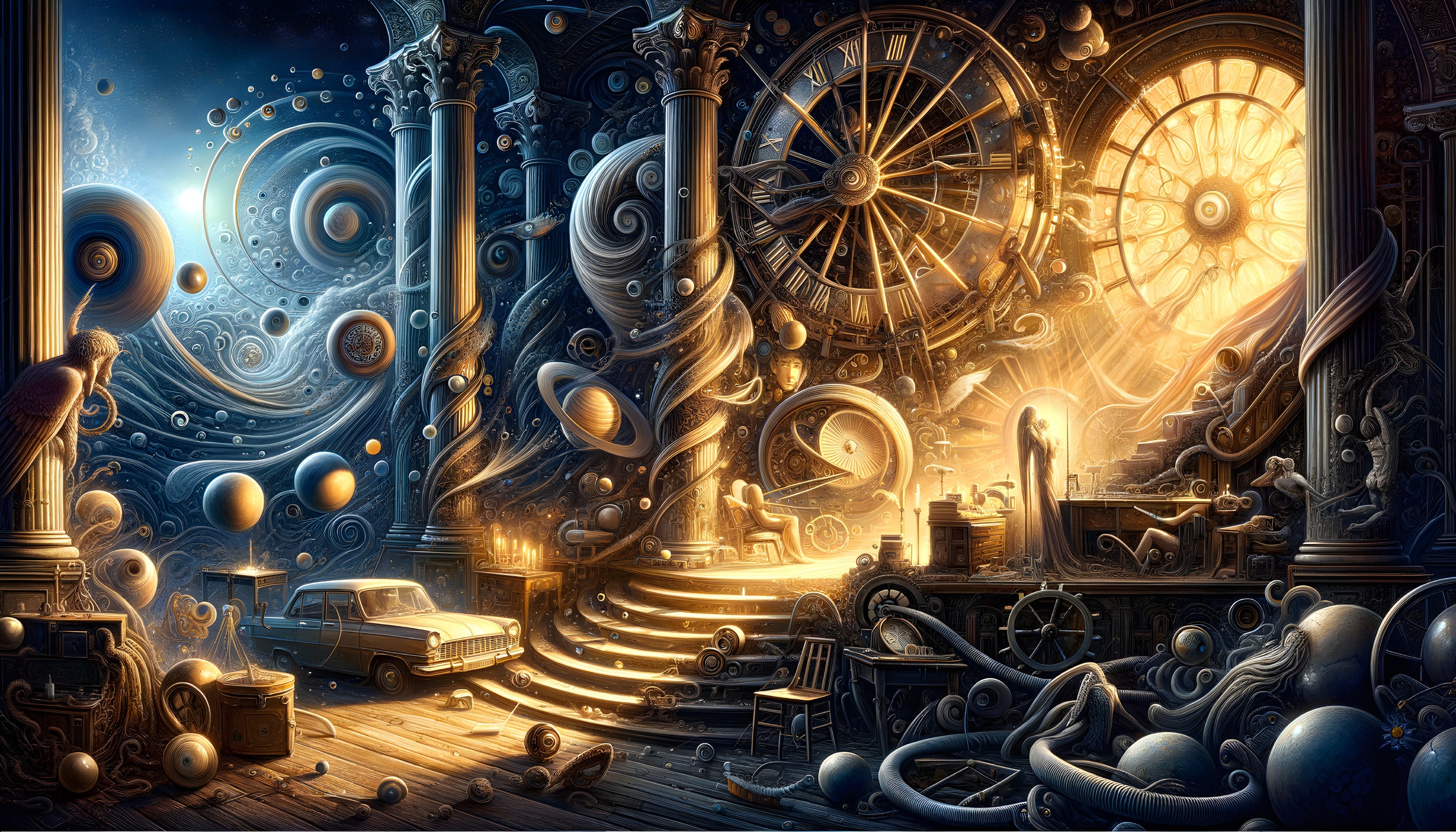 Surreal Room with Cosmic Elements and Floating Objects