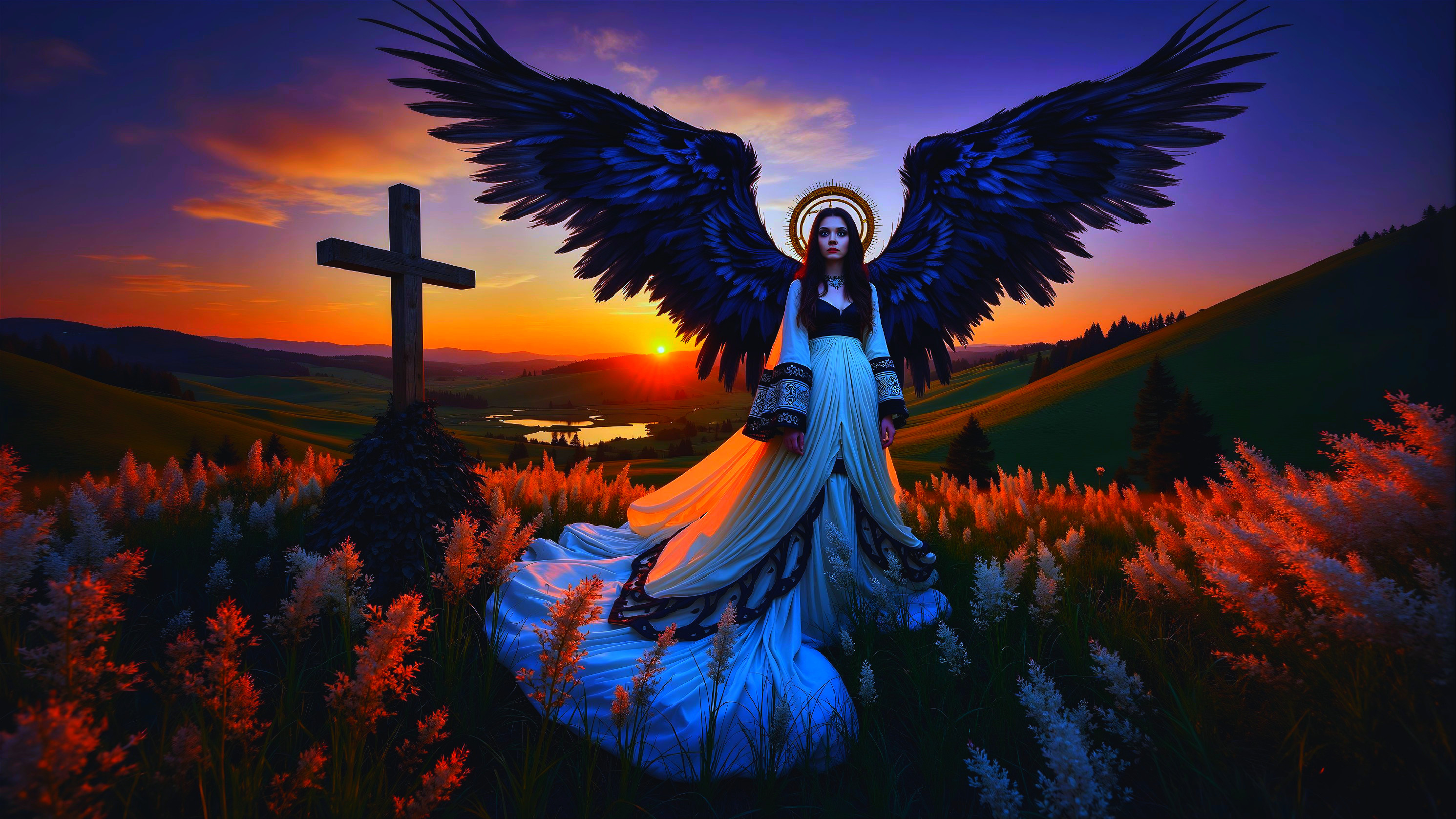 Angel in a Lush Landscape at Sunset with Cross