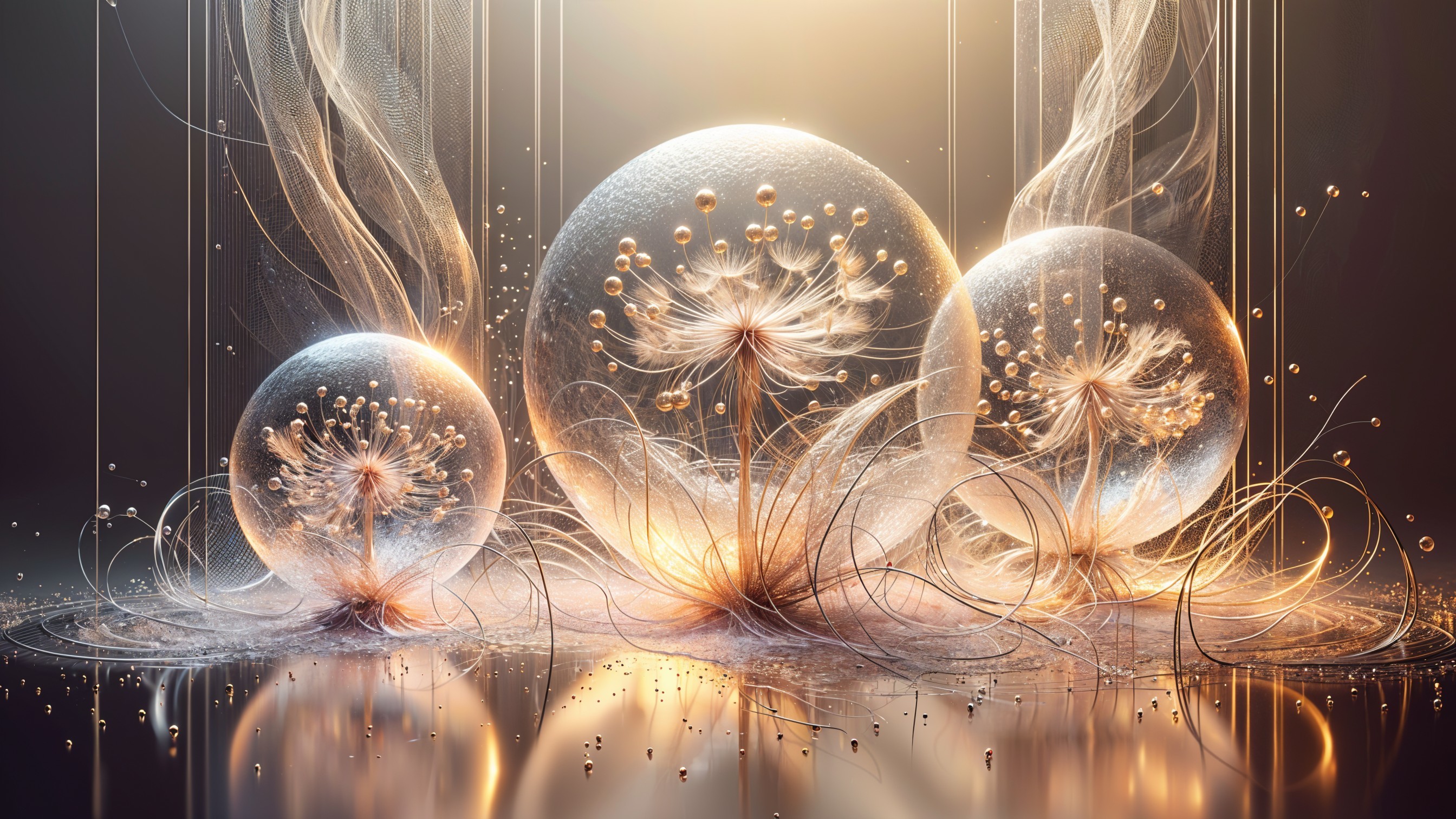 Translucent spheres with dandelion structures and tendrils