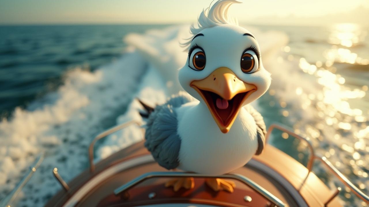 Cheerful Cartoon Seagull on a Boat in Blue Waters