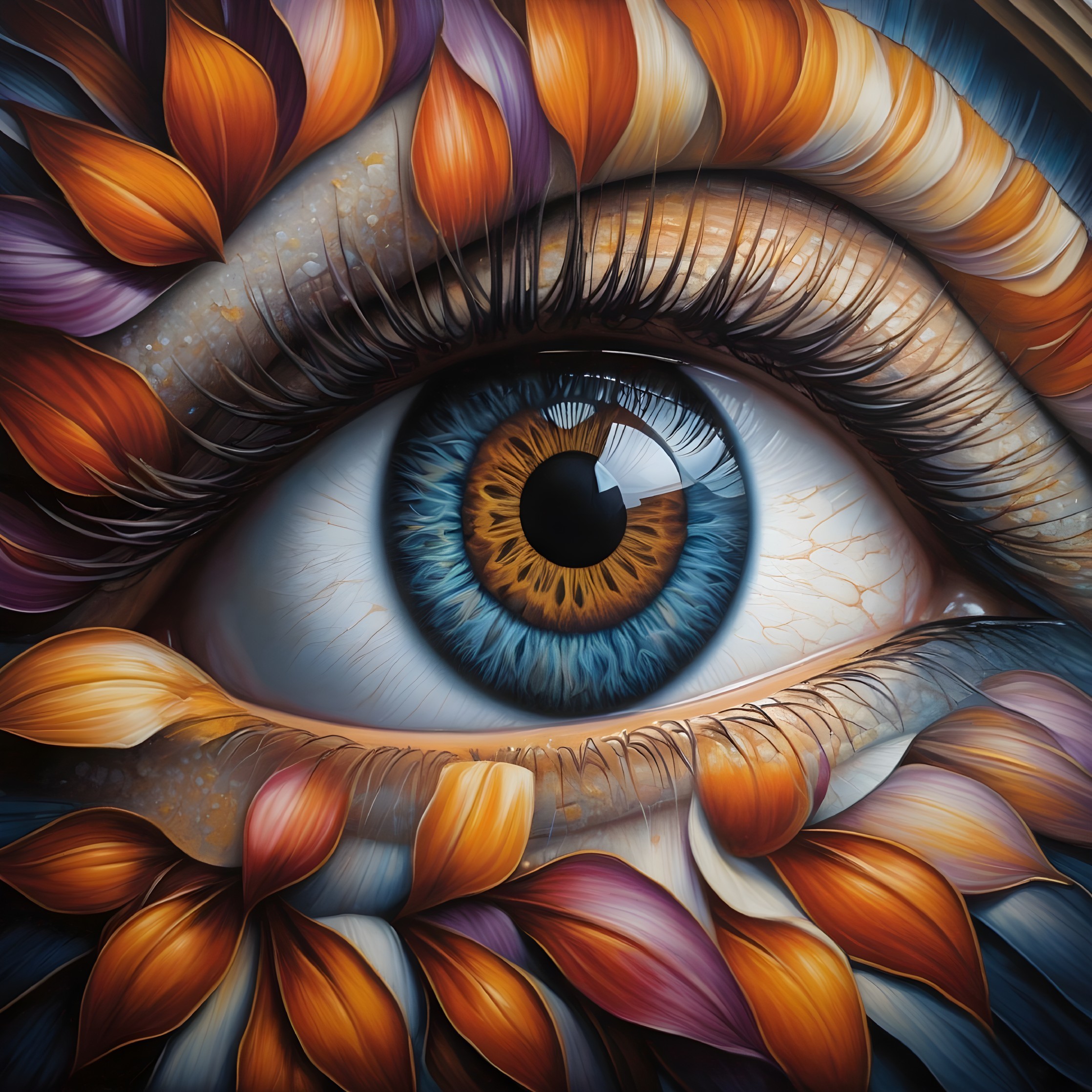 Detailed close-up of human eye with colorful feather-like eyelashes & vibrant blue iris