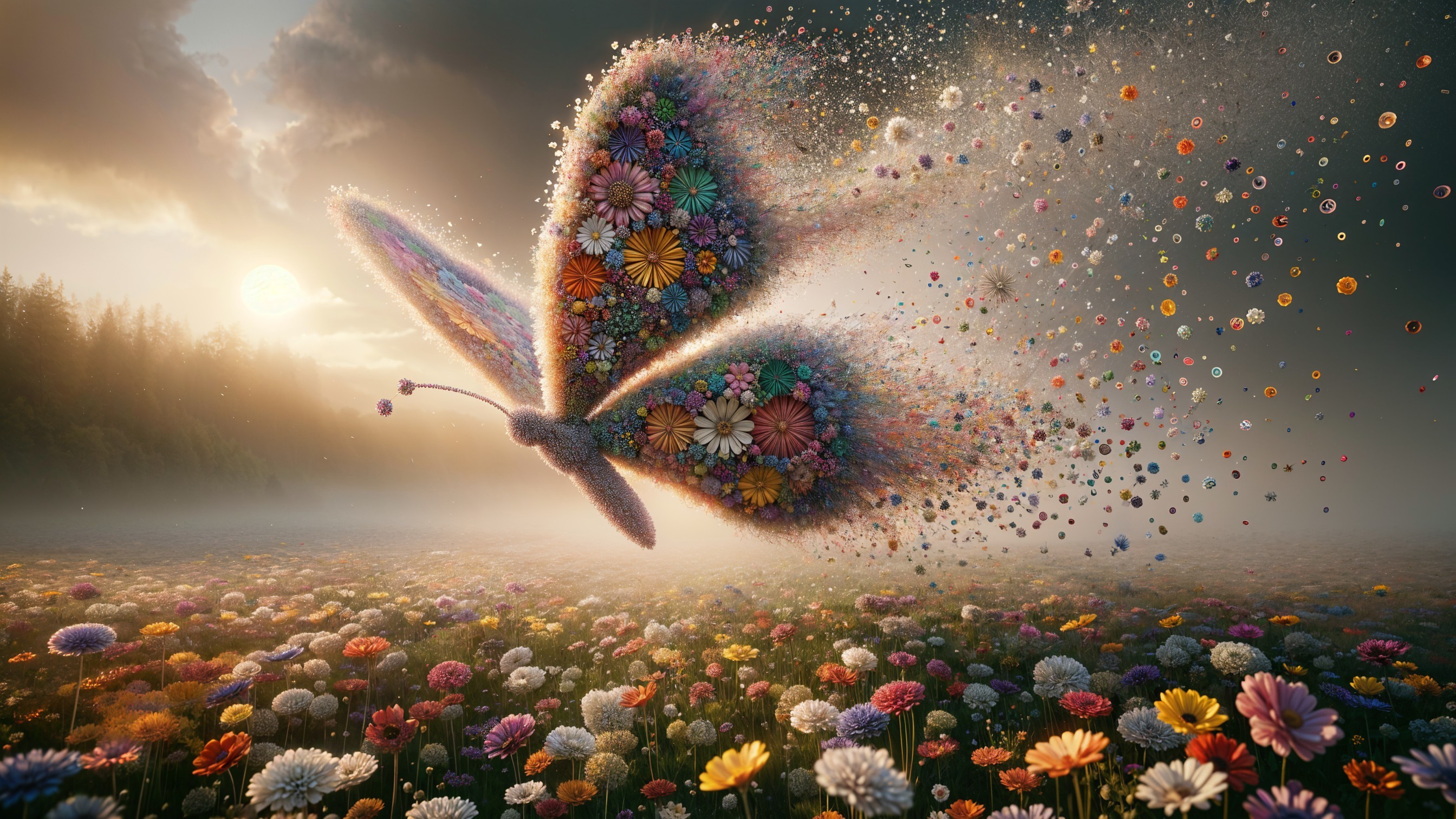 Giant Butterfly of Flowers Over Colorful Meadow