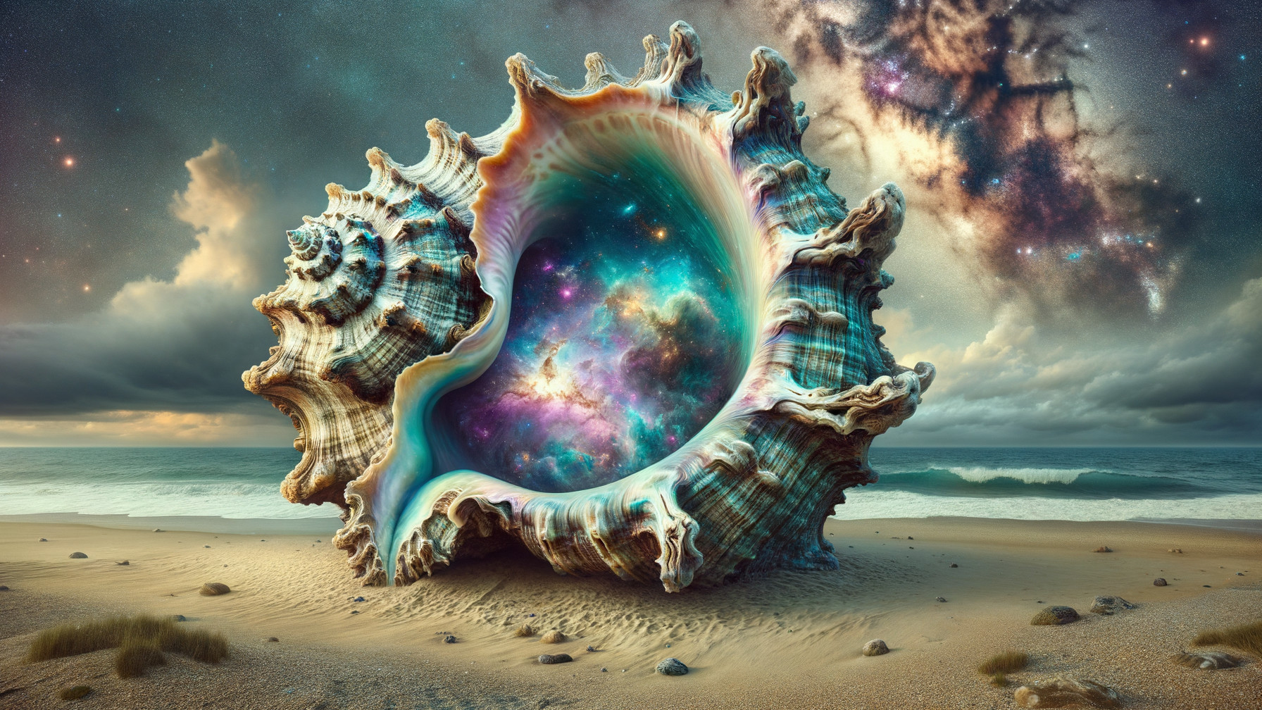 Gigantic Seashell with Cosmic Interior on Serene Beach