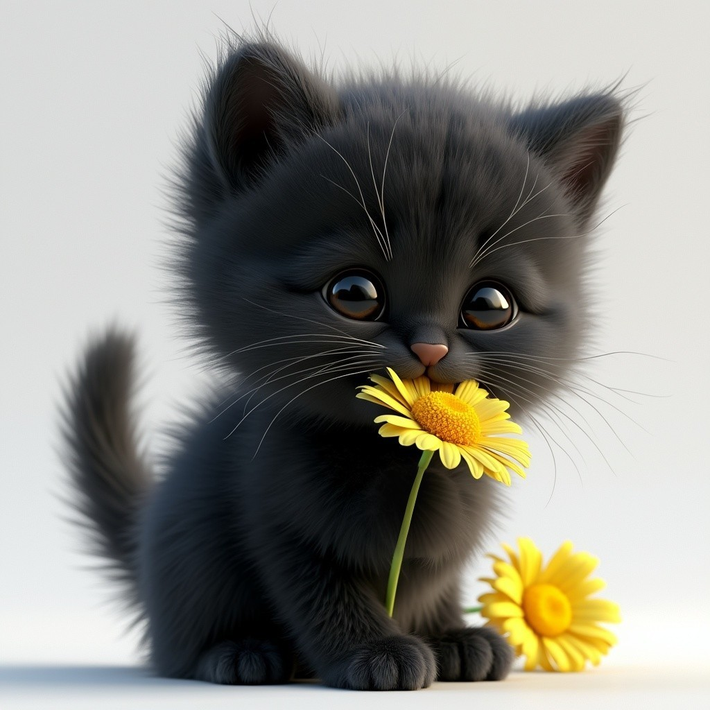 Black Kitten with Daisy Surrounded by Cheerful Flowers
