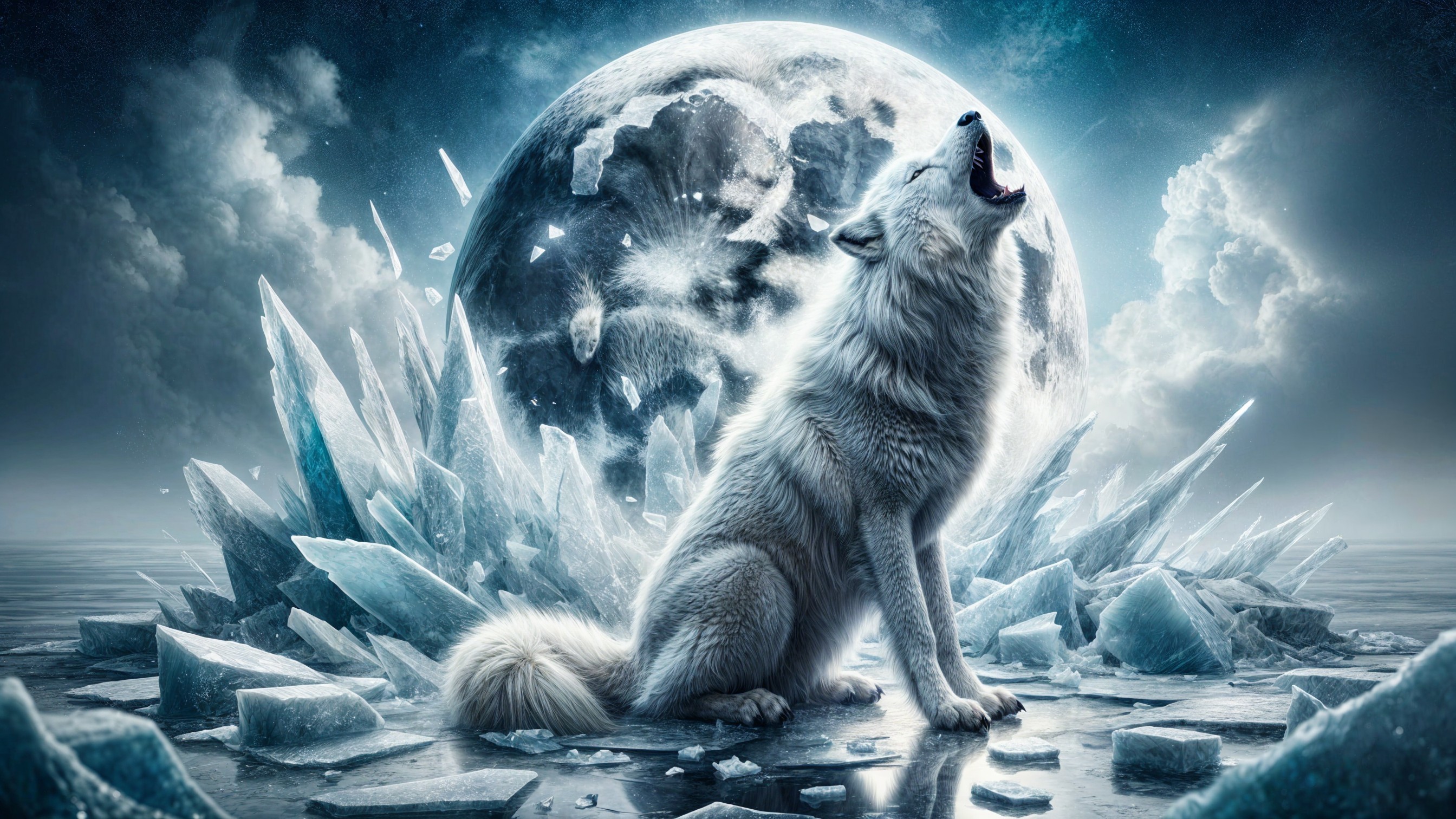 White Wolf Howling at Moon on Ice Formation
